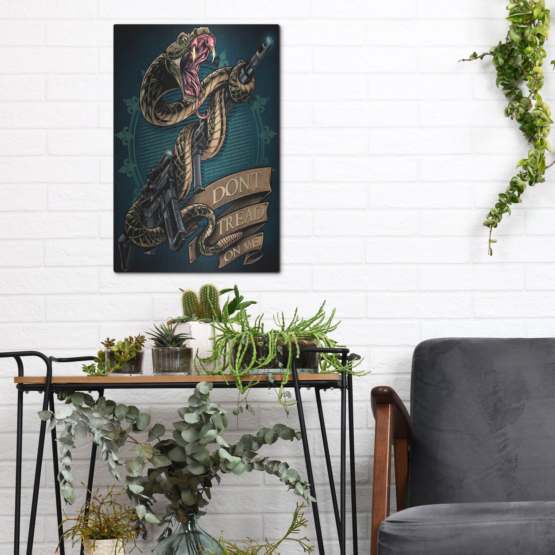 Luxe Metal Art 'Snake and Rifle T-Shirt Template' by Flyland Designs, Metal Wall Art,12x16