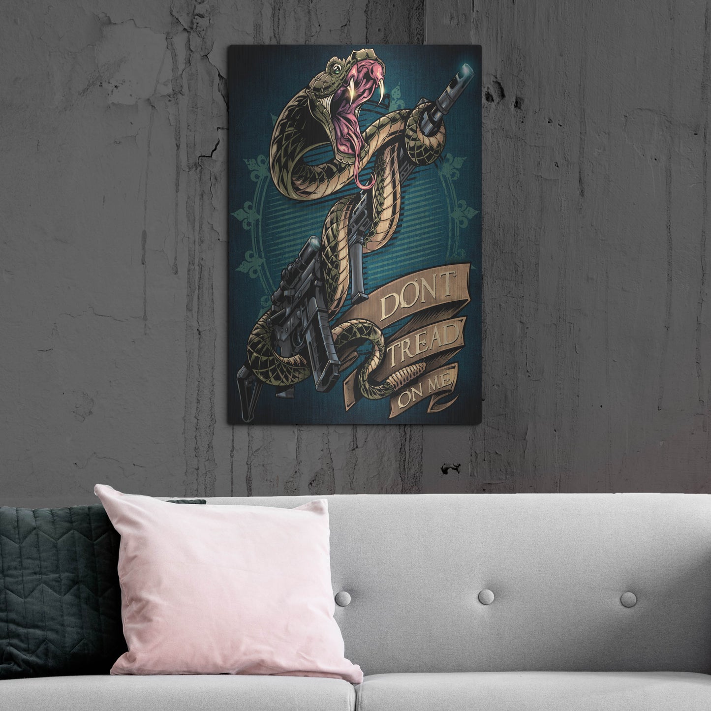 Luxe Metal Art 'Snake and Rifle T-Shirt Template' by Flyland Designs, Metal Wall Art,24x36