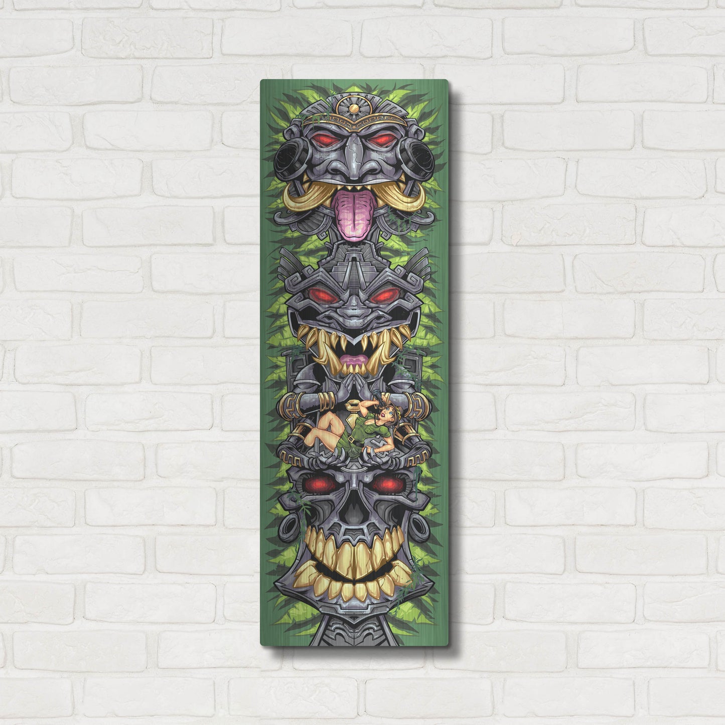 Luxe Metal Art 'Aztec Tiki Totem Skateboard' by Flyland Designs, Metal Wall Art,12x36