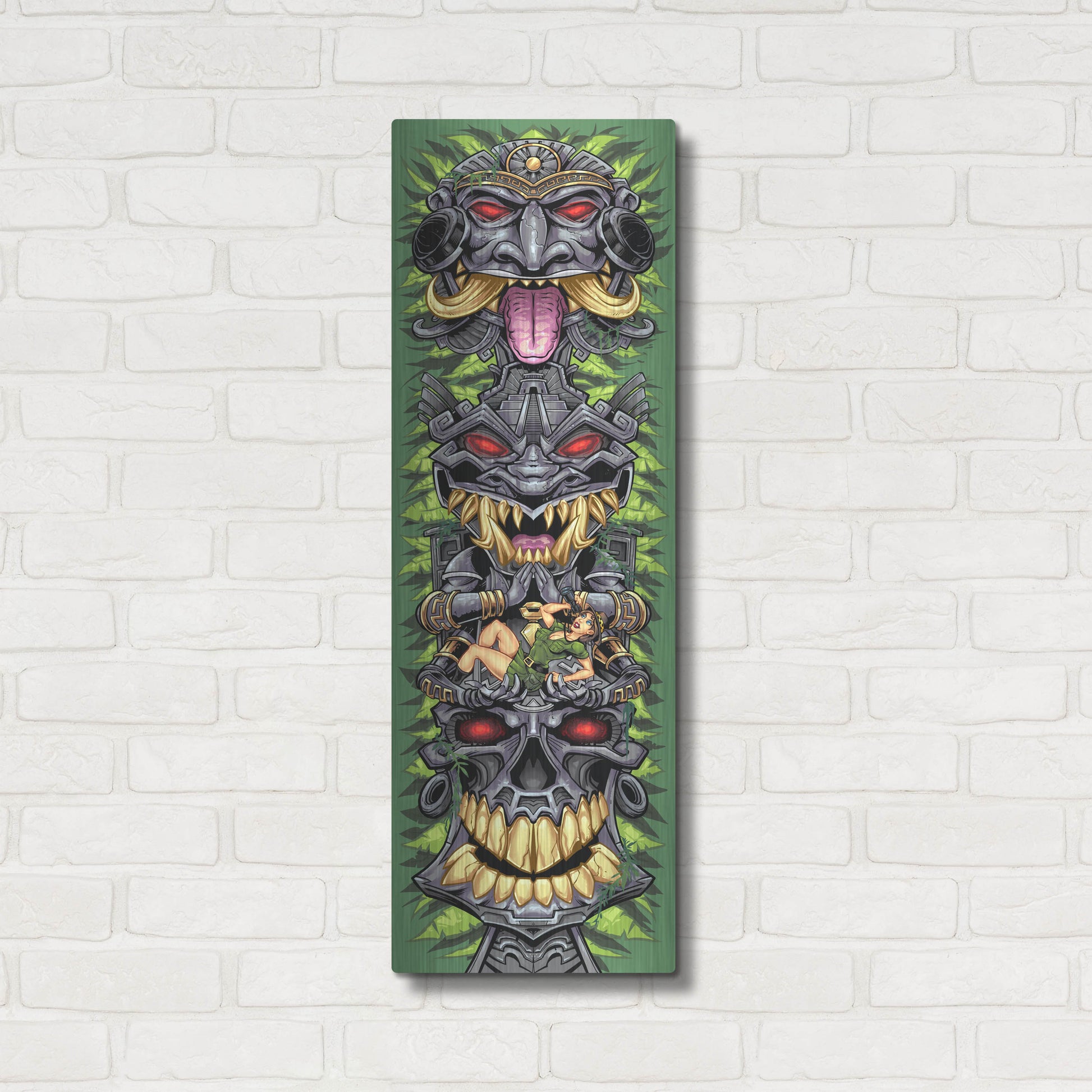 Luxe Metal Art 'Aztec Tiki Totem Skateboard' by Flyland Designs, Metal Wall Art,12x36