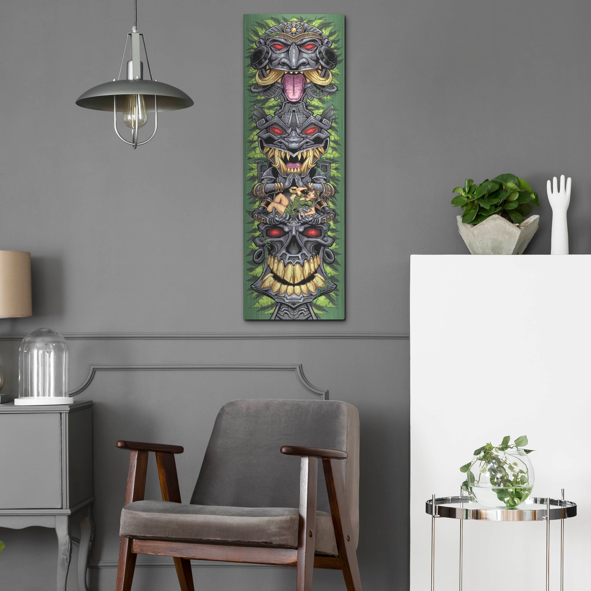 Luxe Metal Art 'Aztec Tiki Totem Skateboard' by Flyland Designs, Metal Wall Art,12x36