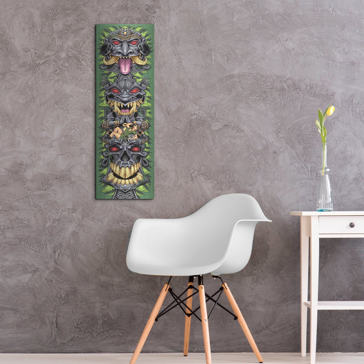 Luxe Metal Art 'Aztec Tiki Totem Skateboard' by Flyland Designs, Metal Wall Art,12x36