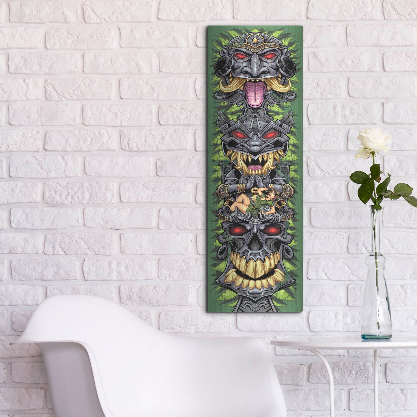 Luxe Metal Art 'Aztec Tiki Totem Skateboard' by Flyland Designs, Metal Wall Art,12x36