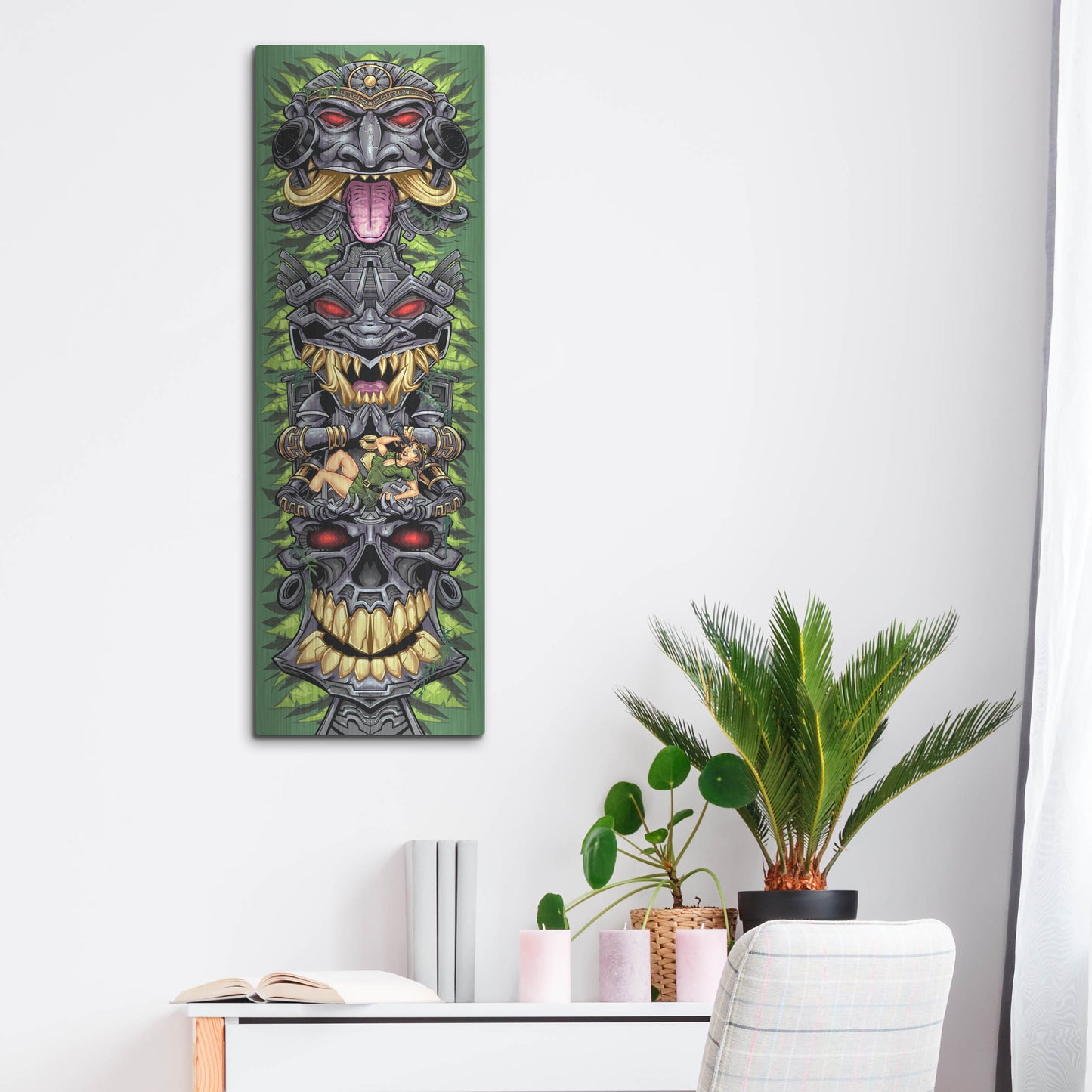 Luxe Metal Art 'Aztec Tiki Totem Skateboard' by Flyland Designs, Metal Wall Art,12x36