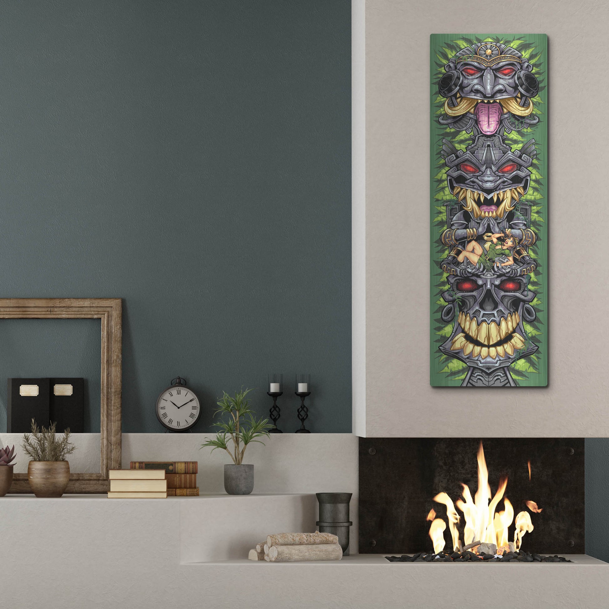 Luxe Metal Art 'Aztec Tiki Totem Skateboard' by Flyland Designs, Metal Wall Art,16x48