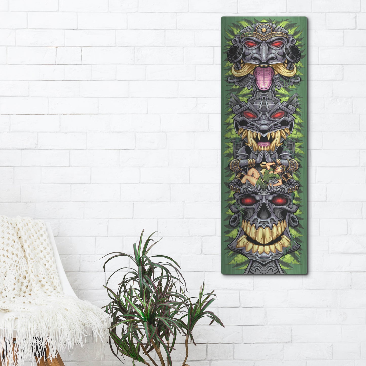 Luxe Metal Art 'Aztec Tiki Totem Skateboard' by Flyland Designs, Metal Wall Art,16x48