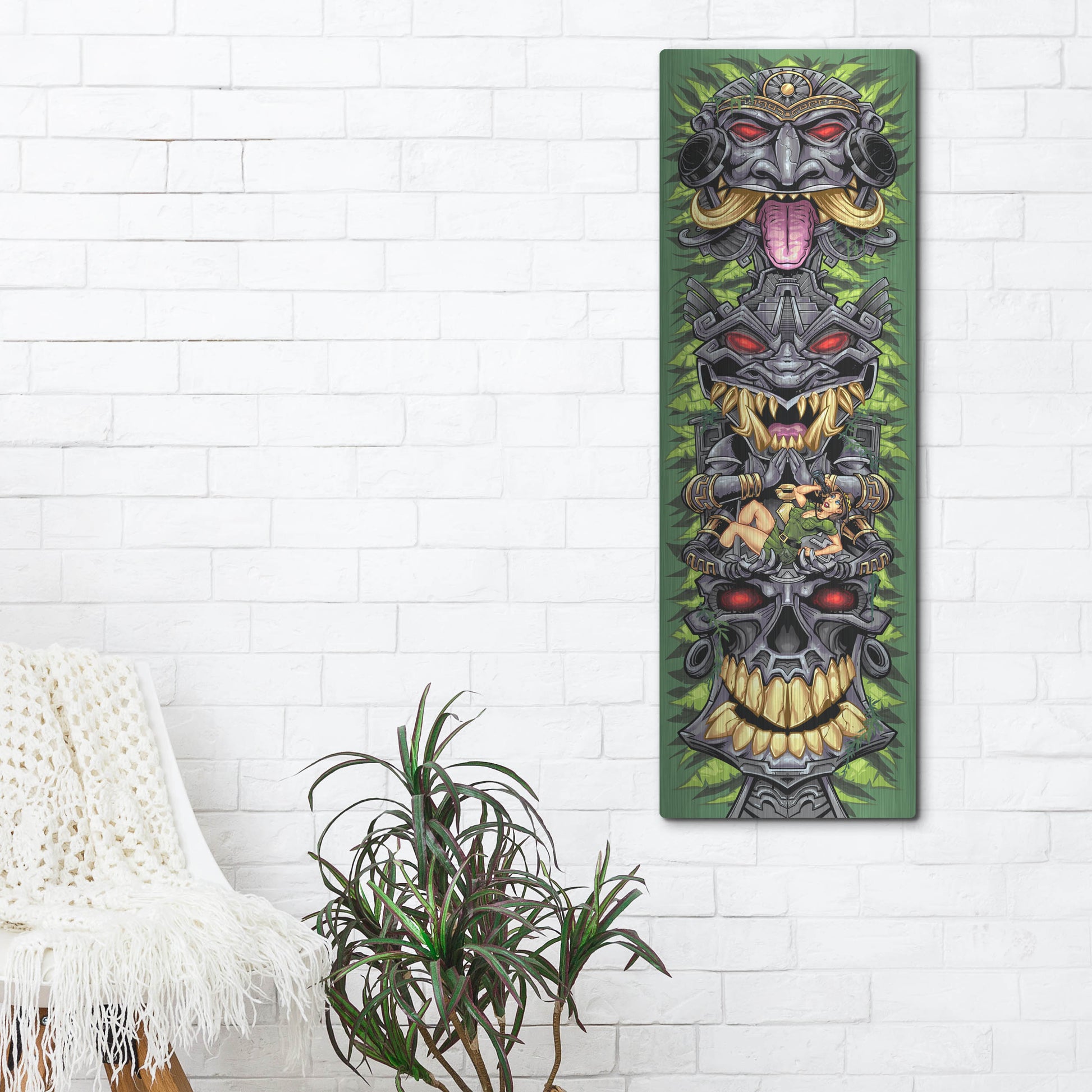 Luxe Metal Art 'Aztec Tiki Totem Skateboard' by Flyland Designs, Metal Wall Art,16x48