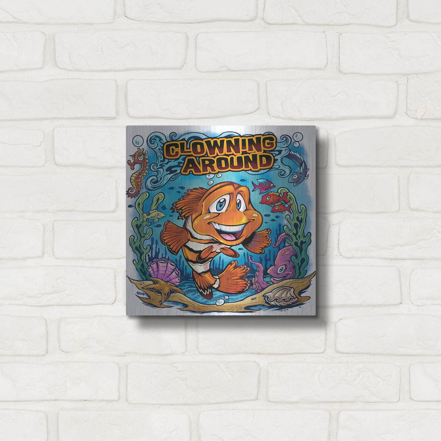 Luxe Metal Art 'Clown Fish Underwater Scene' by Flyland Designs, Metal Wall Art,12x12