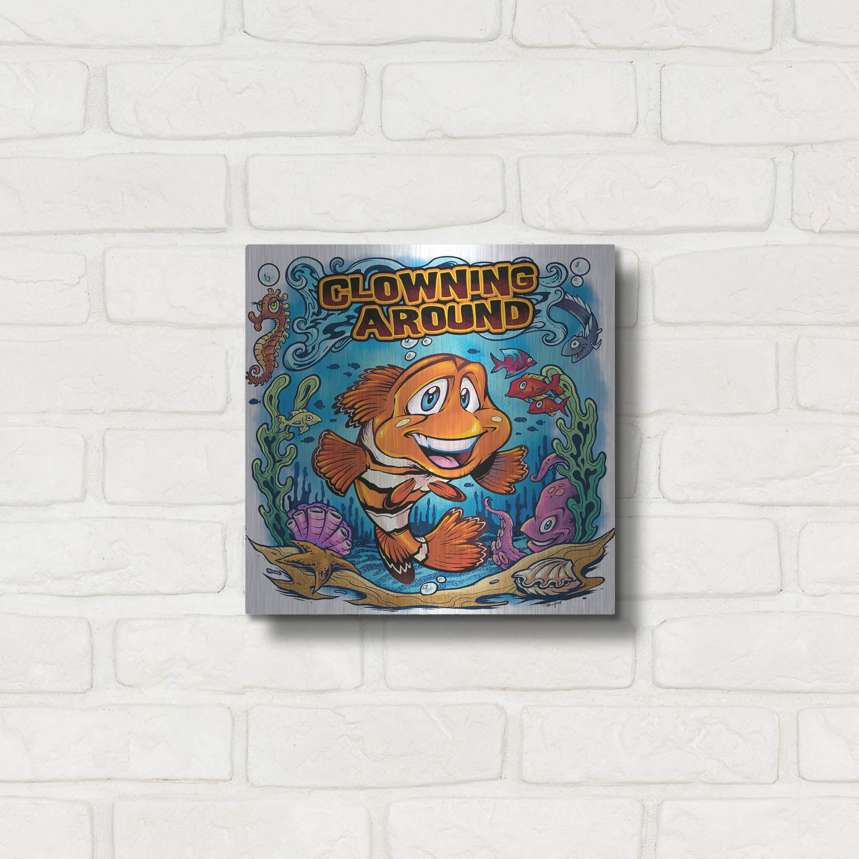 Luxe Metal Art 'Clown Fish Underwater Scene' by Flyland Designs, Metal Wall Art,12x12