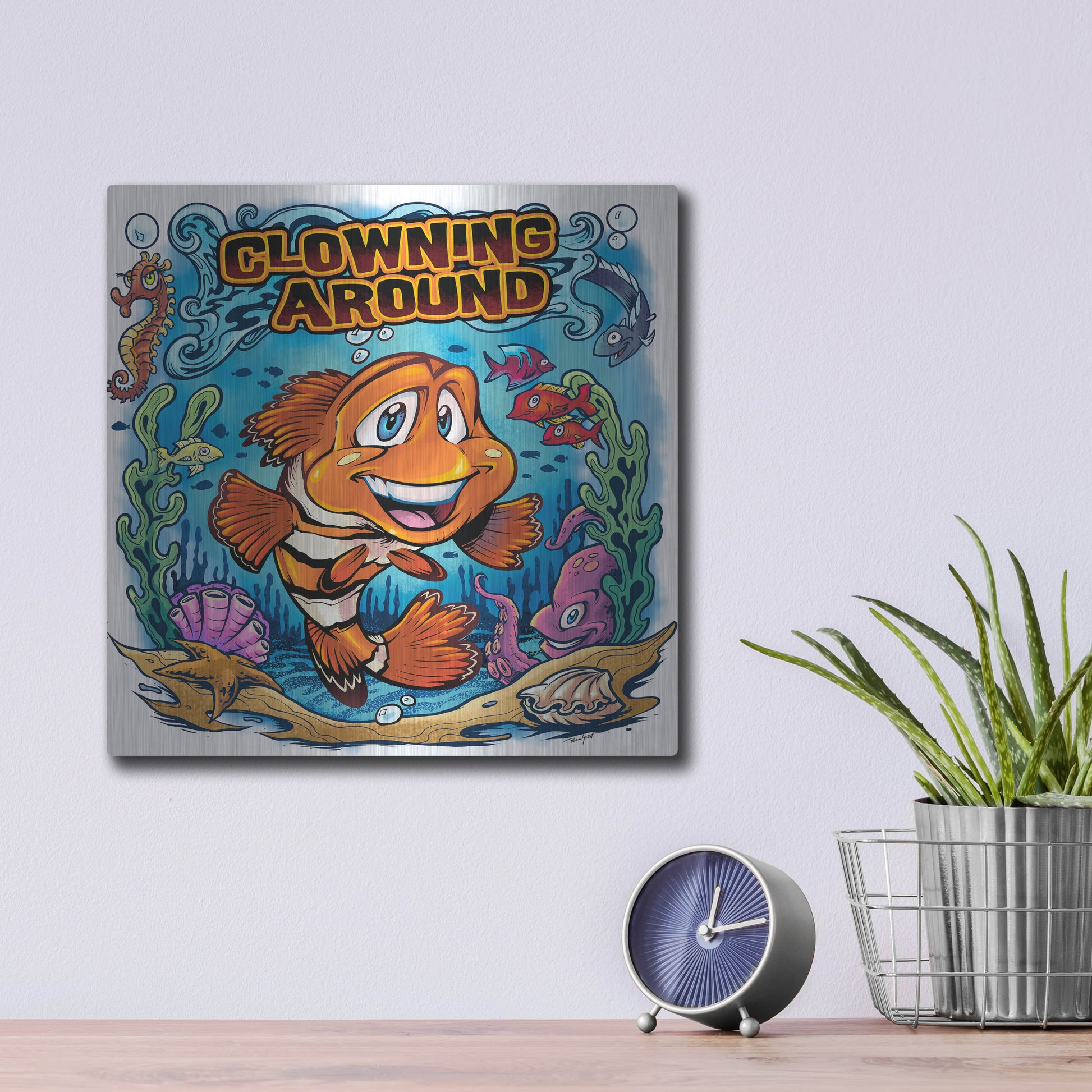 Luxe Metal Art 'Clown Fish Underwater Scene' by Flyland Designs, Metal Wall Art,12x12