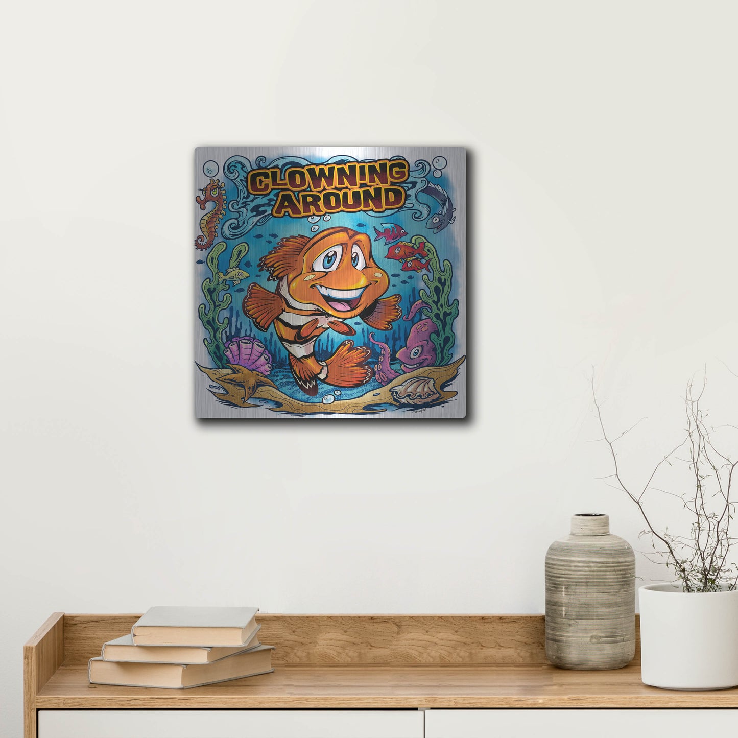 Luxe Metal Art 'Clown Fish Underwater Scene' by Flyland Designs, Metal Wall Art,12x12