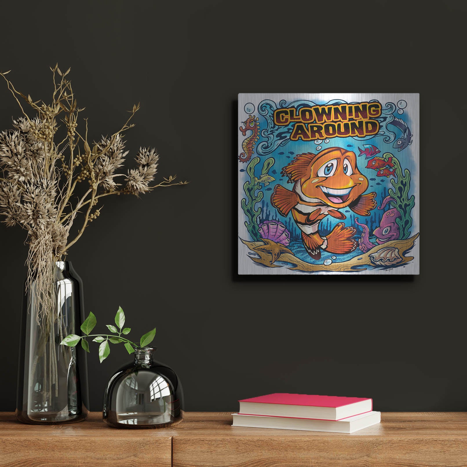 Luxe Metal Art 'Clown Fish Underwater Scene' by Flyland Designs, Metal Wall Art,12x12