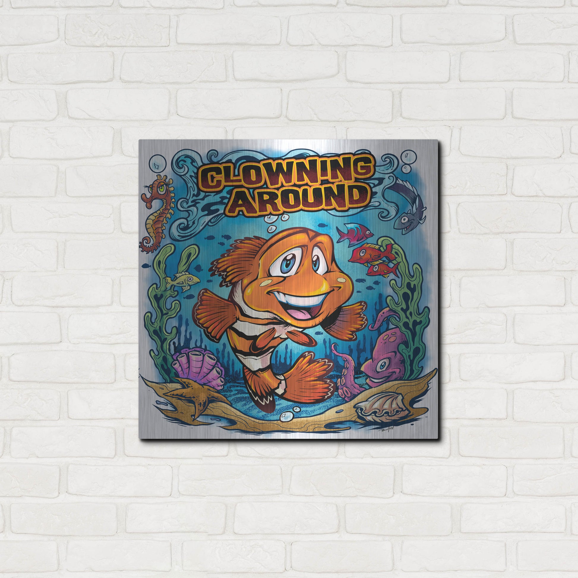Luxe Metal Art 'Clown Fish Underwater Scene' by Flyland Designs, Metal Wall Art,24x24