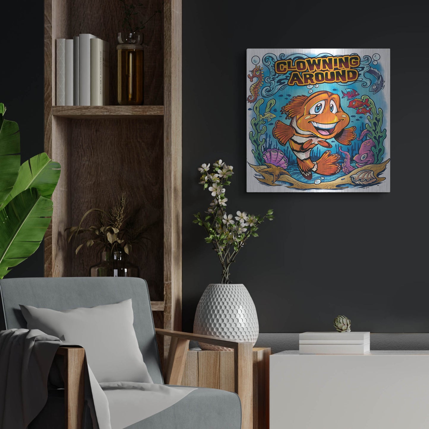Luxe Metal Art 'Clown Fish Underwater Scene' by Flyland Designs, Metal Wall Art,24x24
