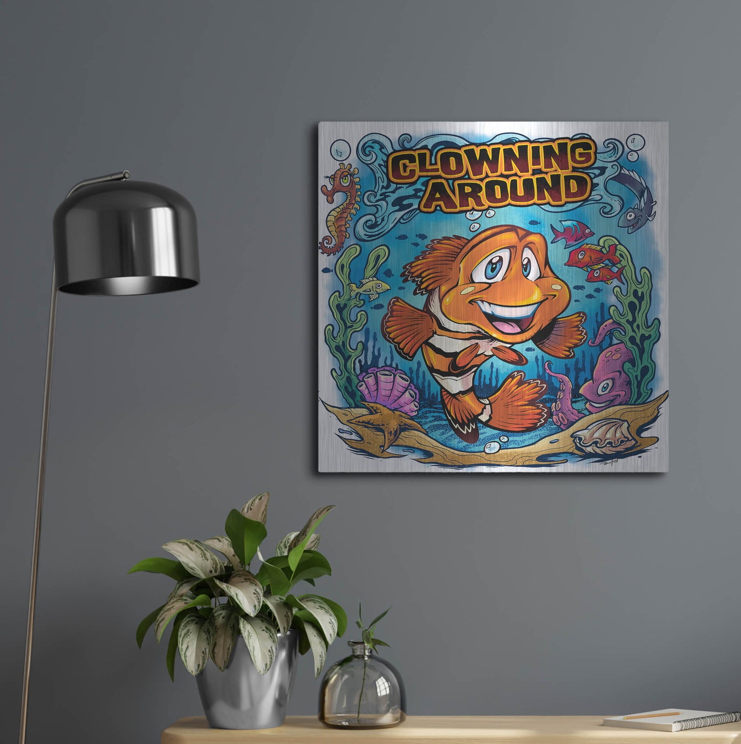 Luxe Metal Art 'Clown Fish Underwater Scene' by Flyland Designs, Metal Wall Art,24x24