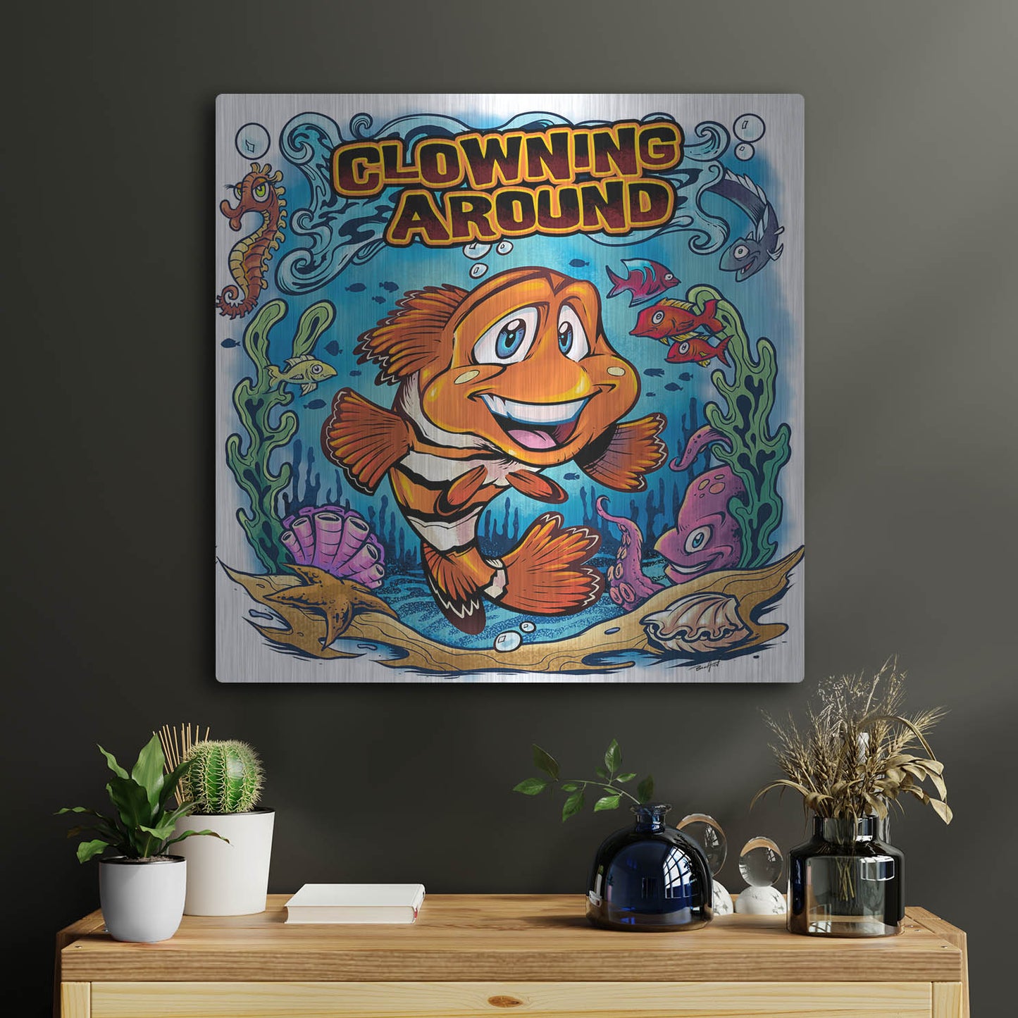 Luxe Metal Art 'Clown Fish Underwater Scene' by Flyland Designs, Metal Wall Art,24x24