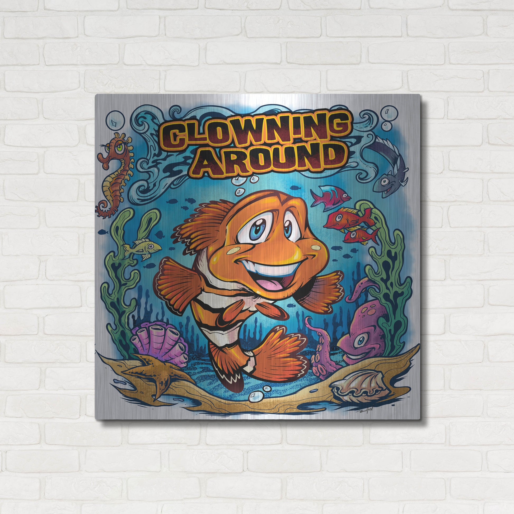 Luxe Metal Art 'Clown Fish Underwater Scene' by Flyland Designs, Metal Wall Art,36x36