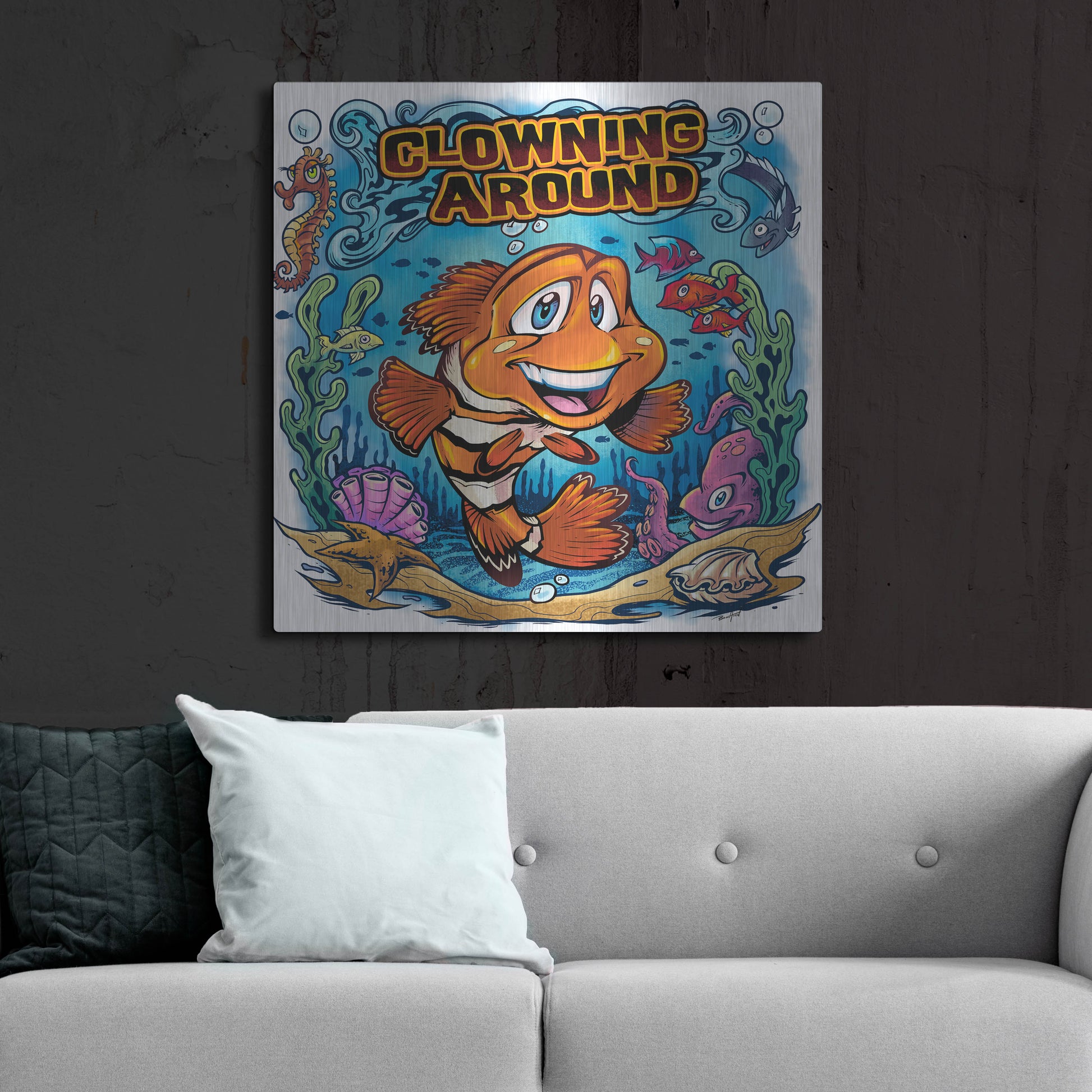 Luxe Metal Art 'Clown Fish Underwater Scene' by Flyland Designs, Metal Wall Art,36x36