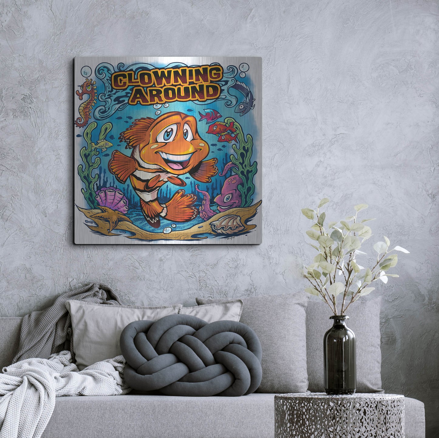 Luxe Metal Art 'Clown Fish Underwater Scene' by Flyland Designs, Metal Wall Art,36x36