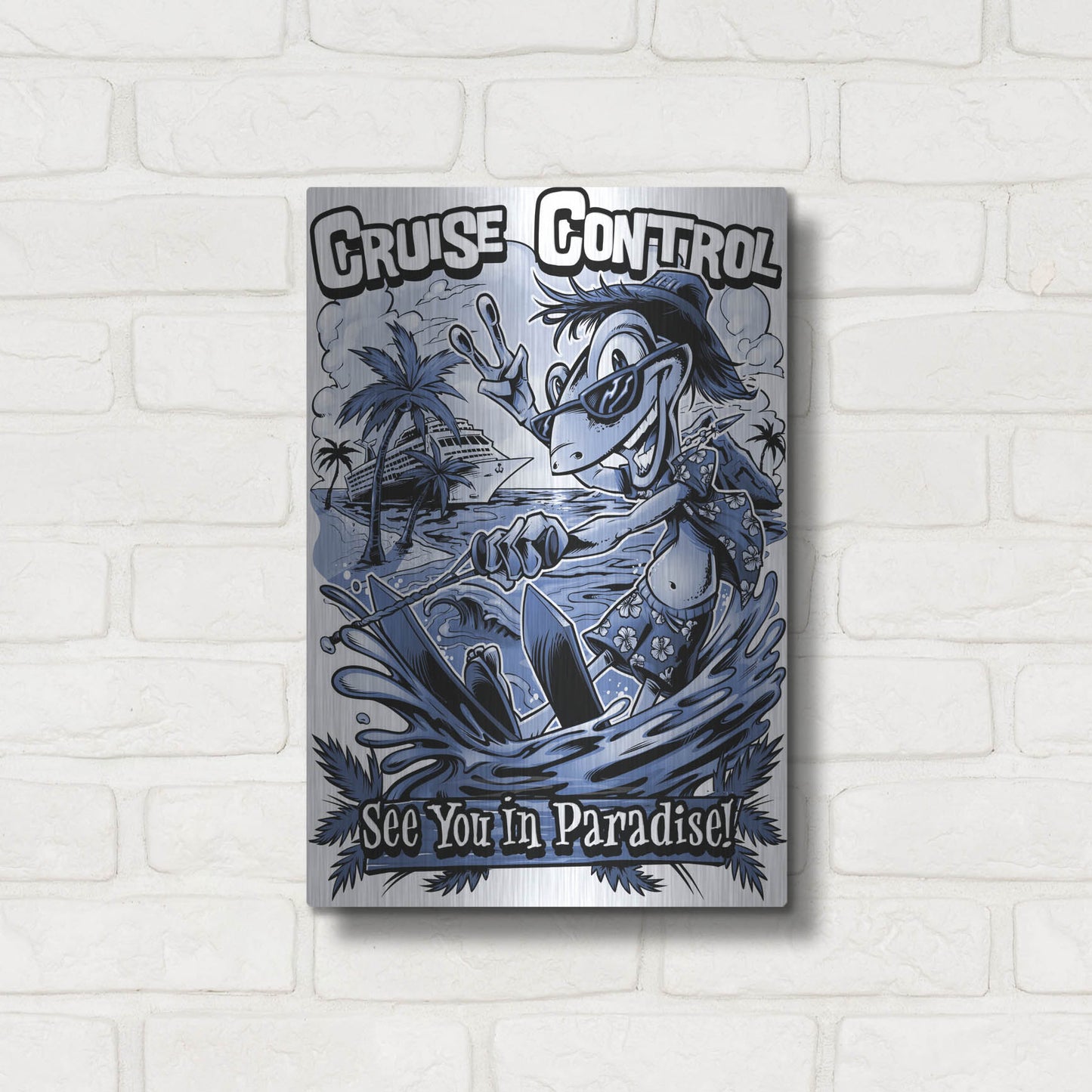 Luxe Metal Art 'Gecko Water Skiing' by Flyland Designs, Metal Wall Art,12x16