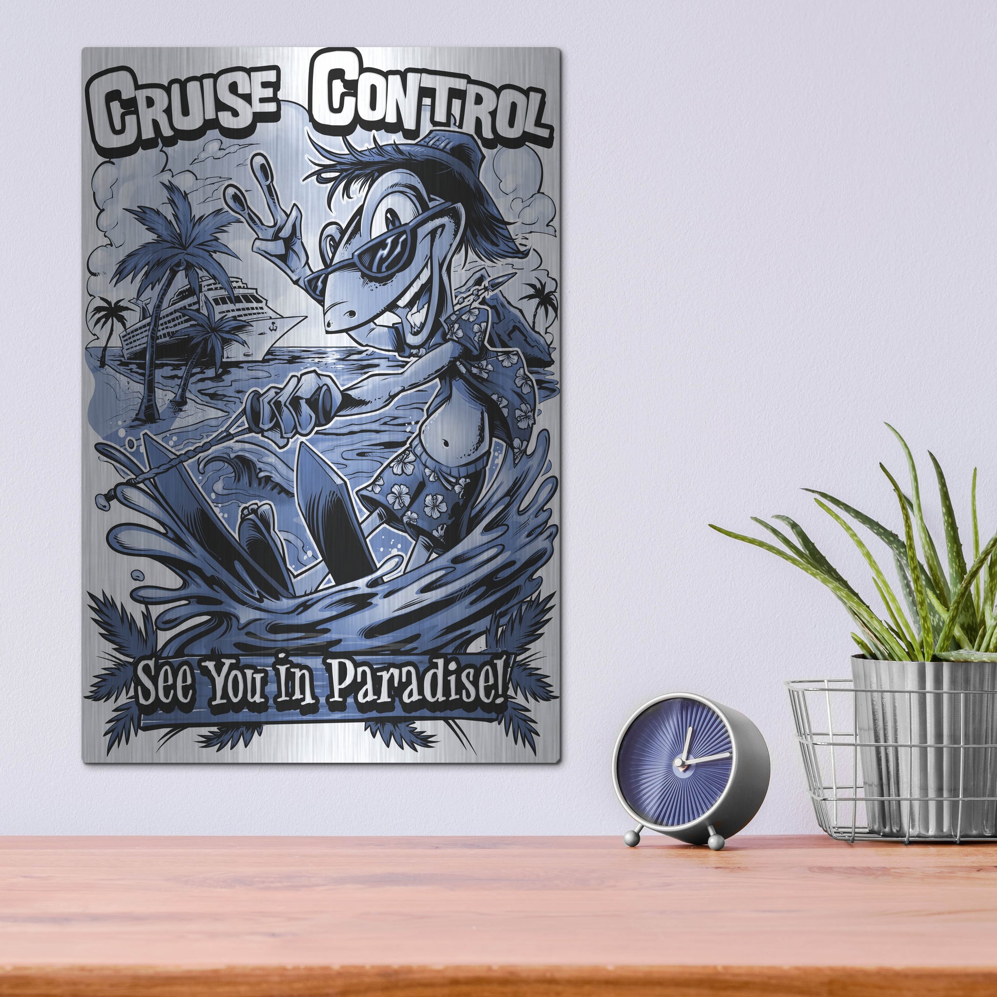 Luxe Metal Art 'Gecko Water Skiing' by Flyland Designs, Metal Wall Art,12x16