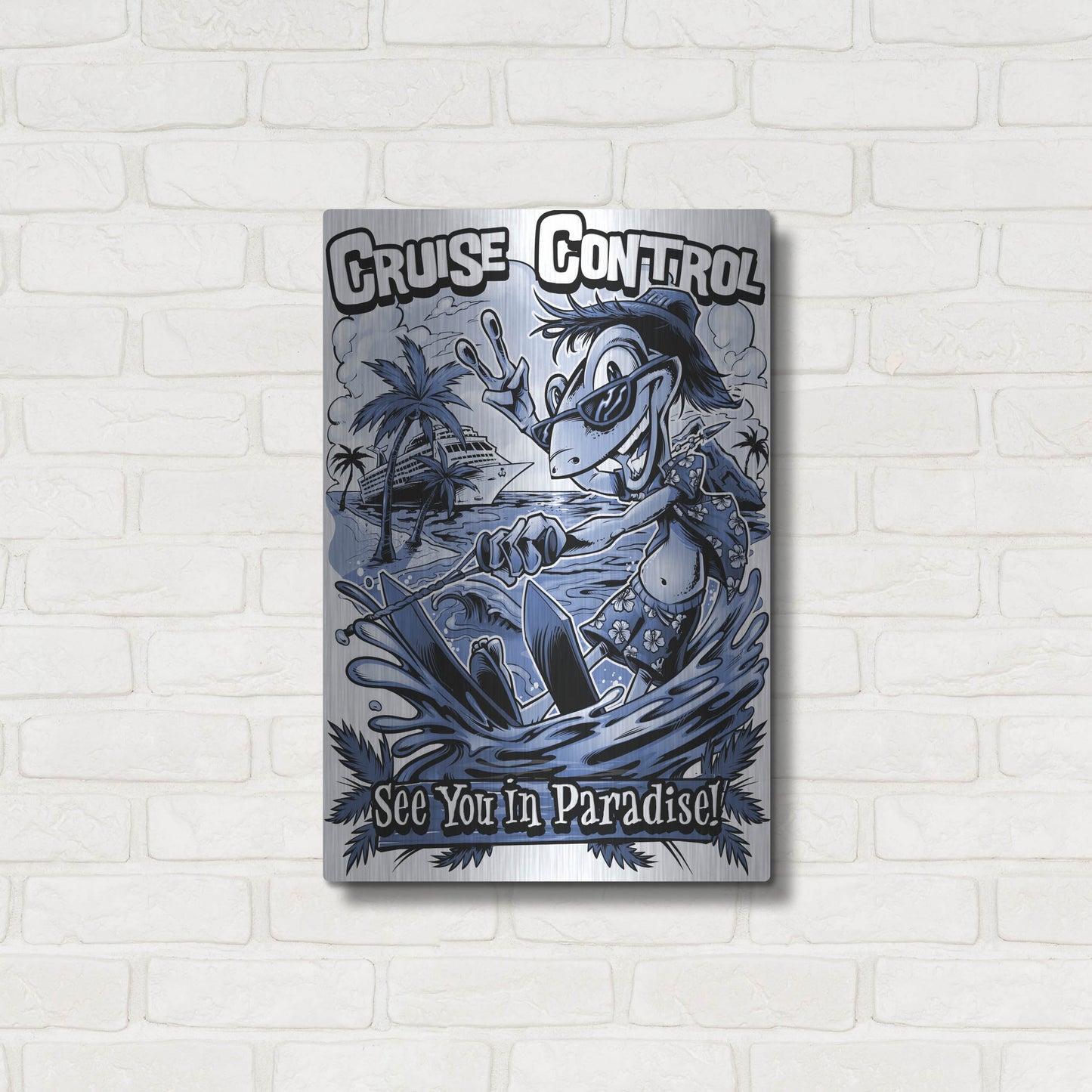 Luxe Metal Art 'Gecko Water Skiing' by Flyland Designs, Metal Wall Art,16x24