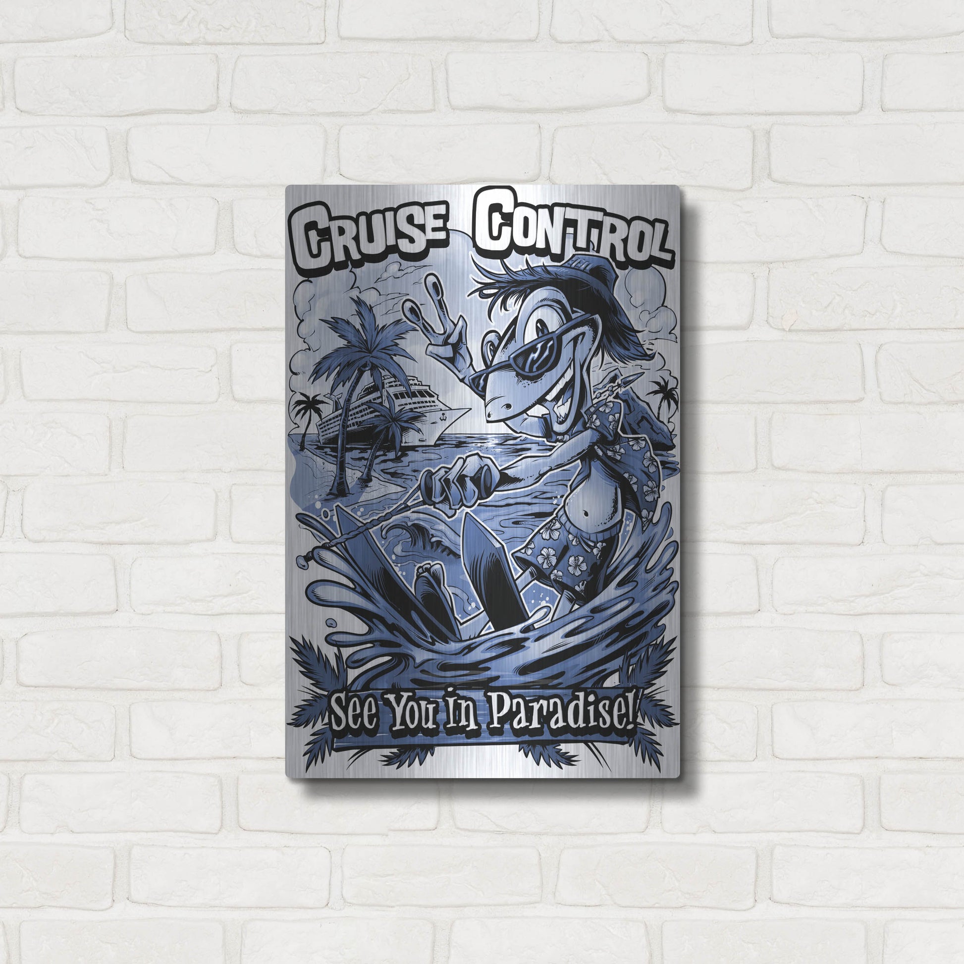 Luxe Metal Art 'Gecko Water Skiing' by Flyland Designs, Metal Wall Art,16x24