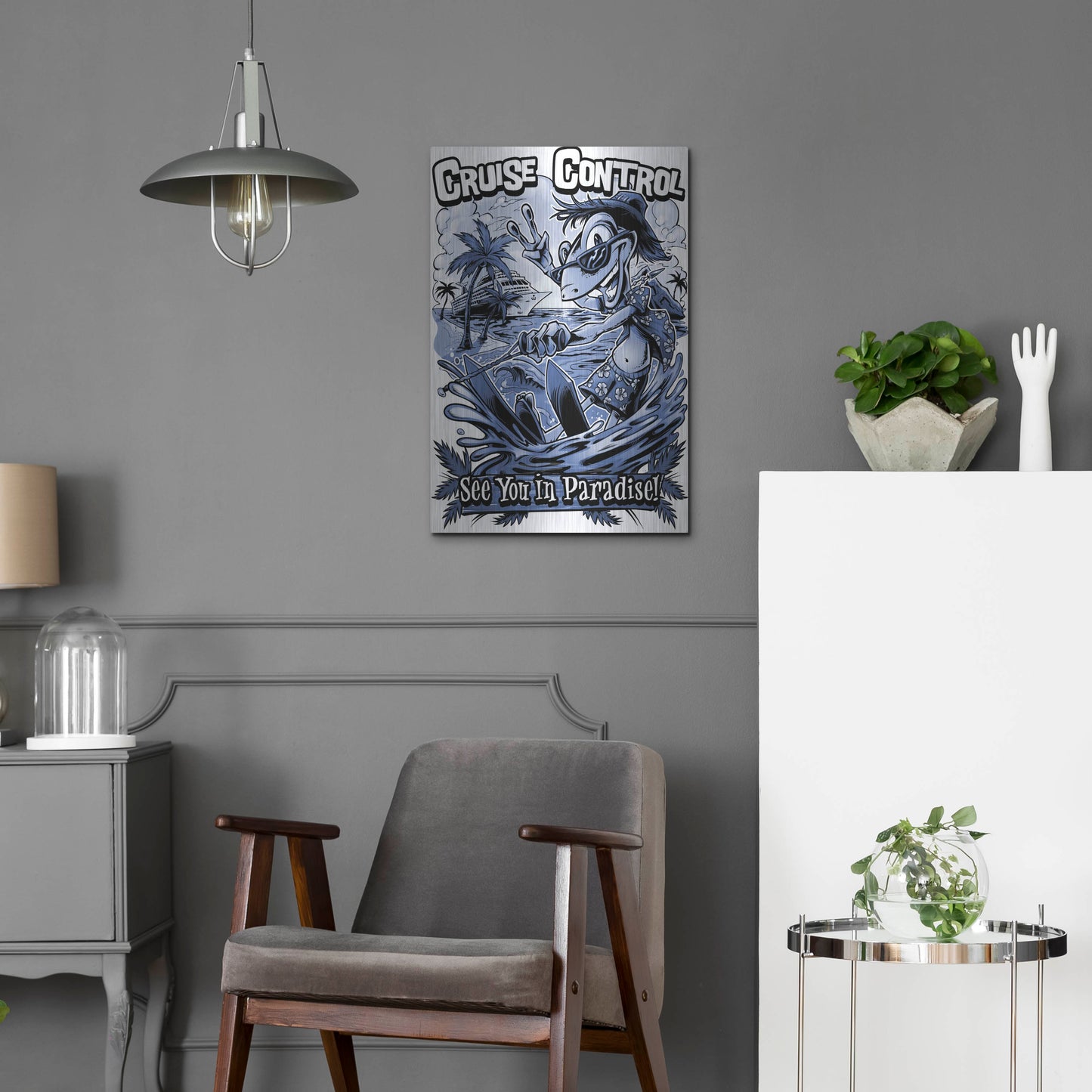 Luxe Metal Art 'Gecko Water Skiing' by Flyland Designs, Metal Wall Art,16x24