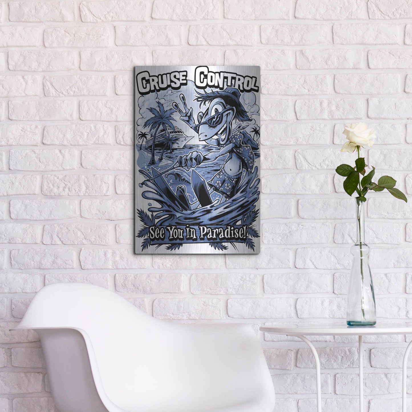 Luxe Metal Art 'Gecko Water Skiing' by Flyland Designs, Metal Wall Art,16x24