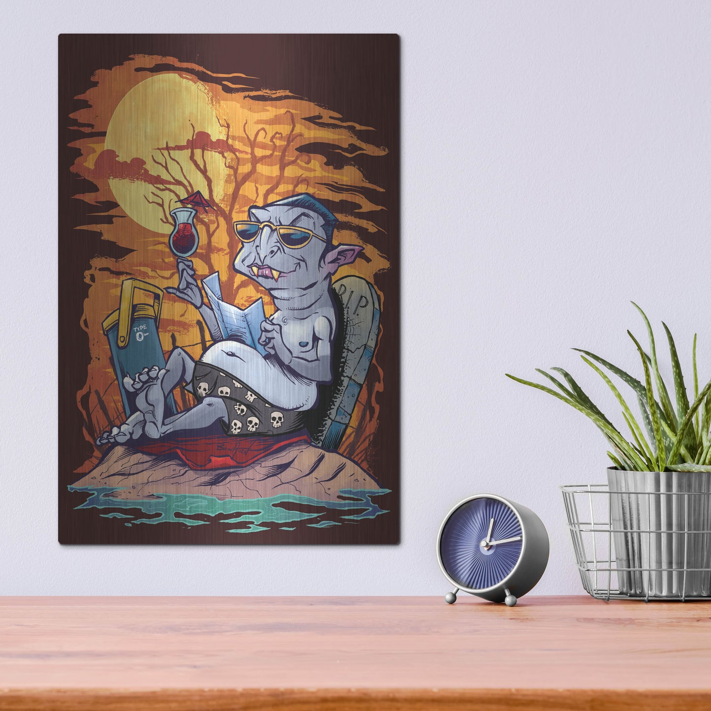 Luxe Metal Art 'Halloween At The Beach - Dracula' by Flyland Designs, Metal Wall Art,12x16