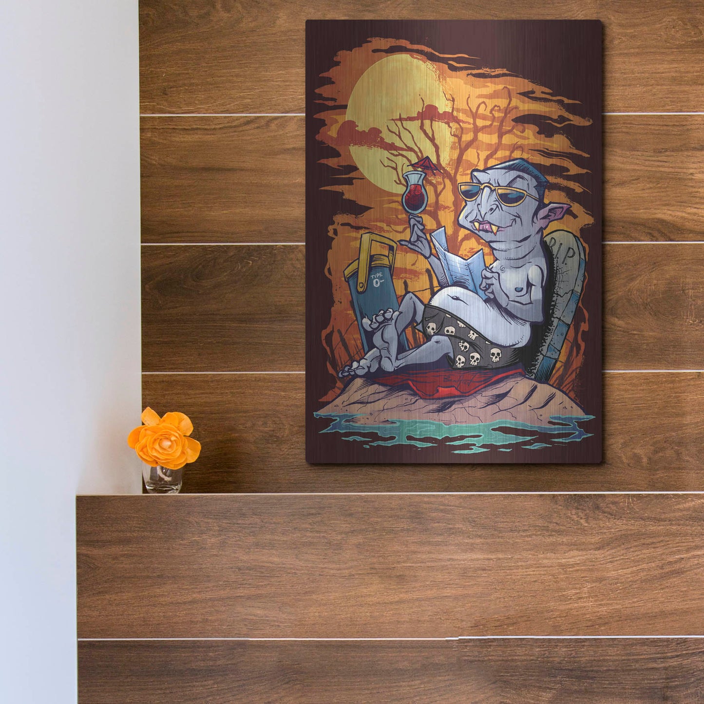 Luxe Metal Art 'Halloween At The Beach - Dracula' by Flyland Designs, Metal Wall Art,12x16