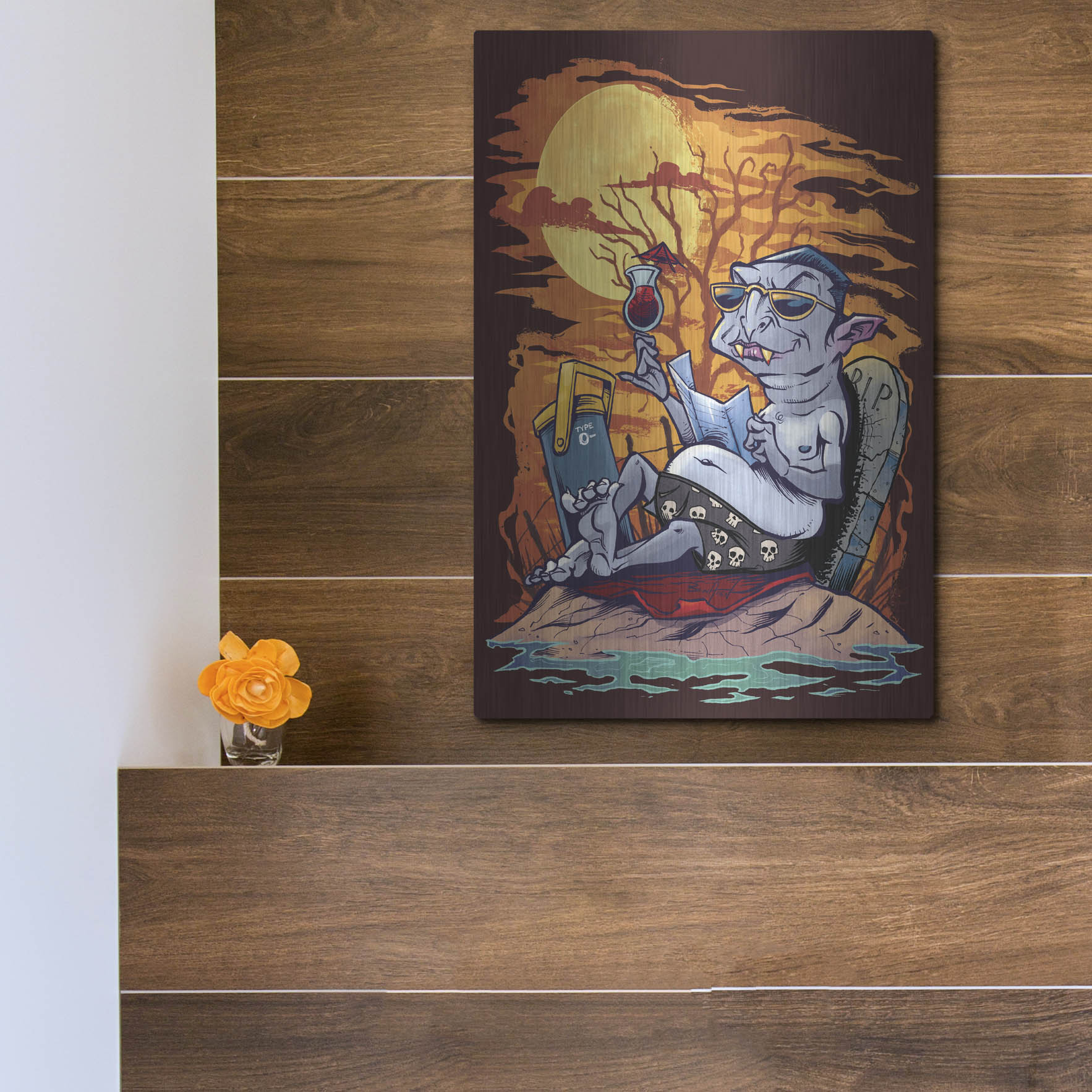 Luxe Metal Art 'Halloween At The Beach - Dracula' by Flyland Designs, Metal Wall Art,12x16