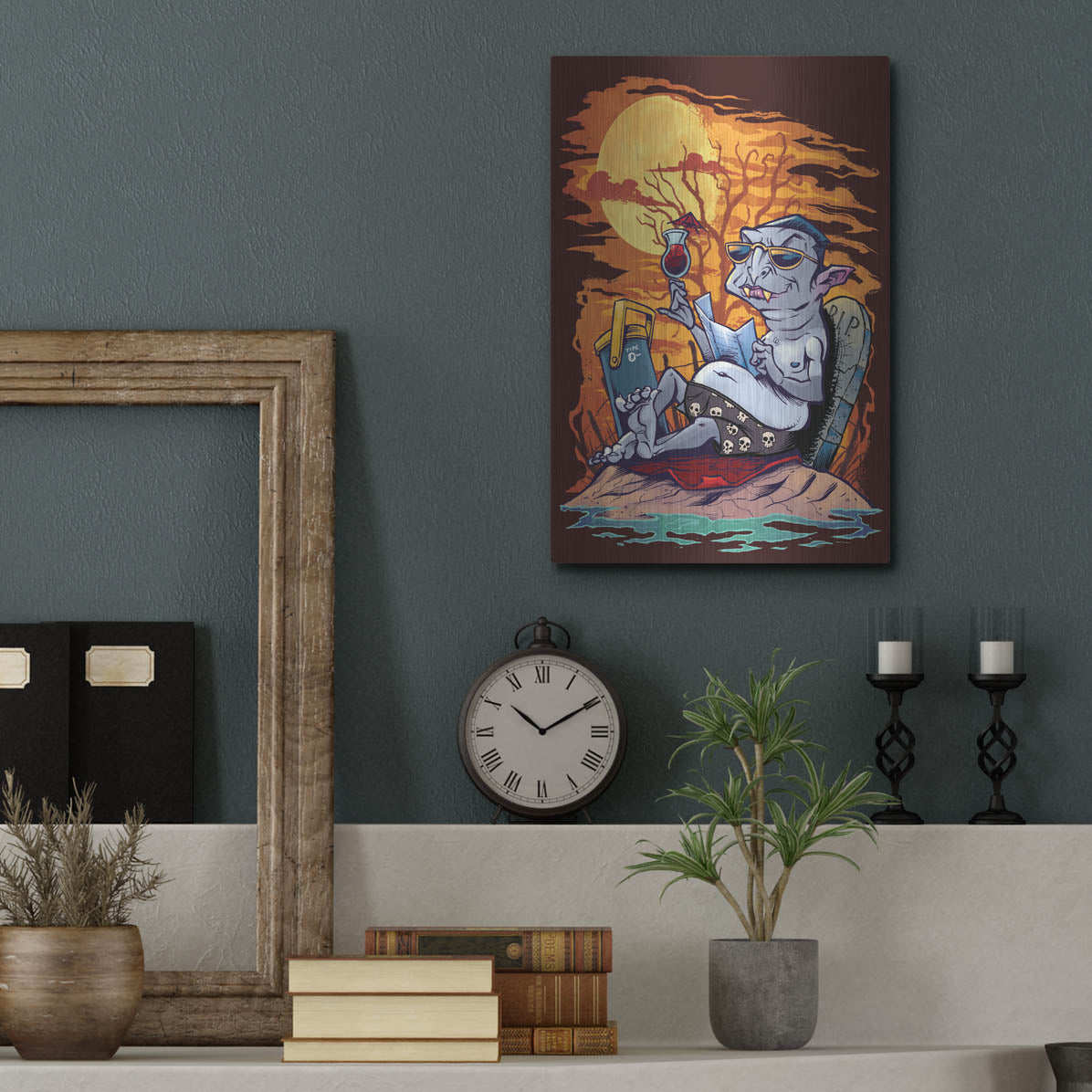 Luxe Metal Art 'Halloween At The Beach - Dracula' by Flyland Designs, Metal Wall Art,12x16