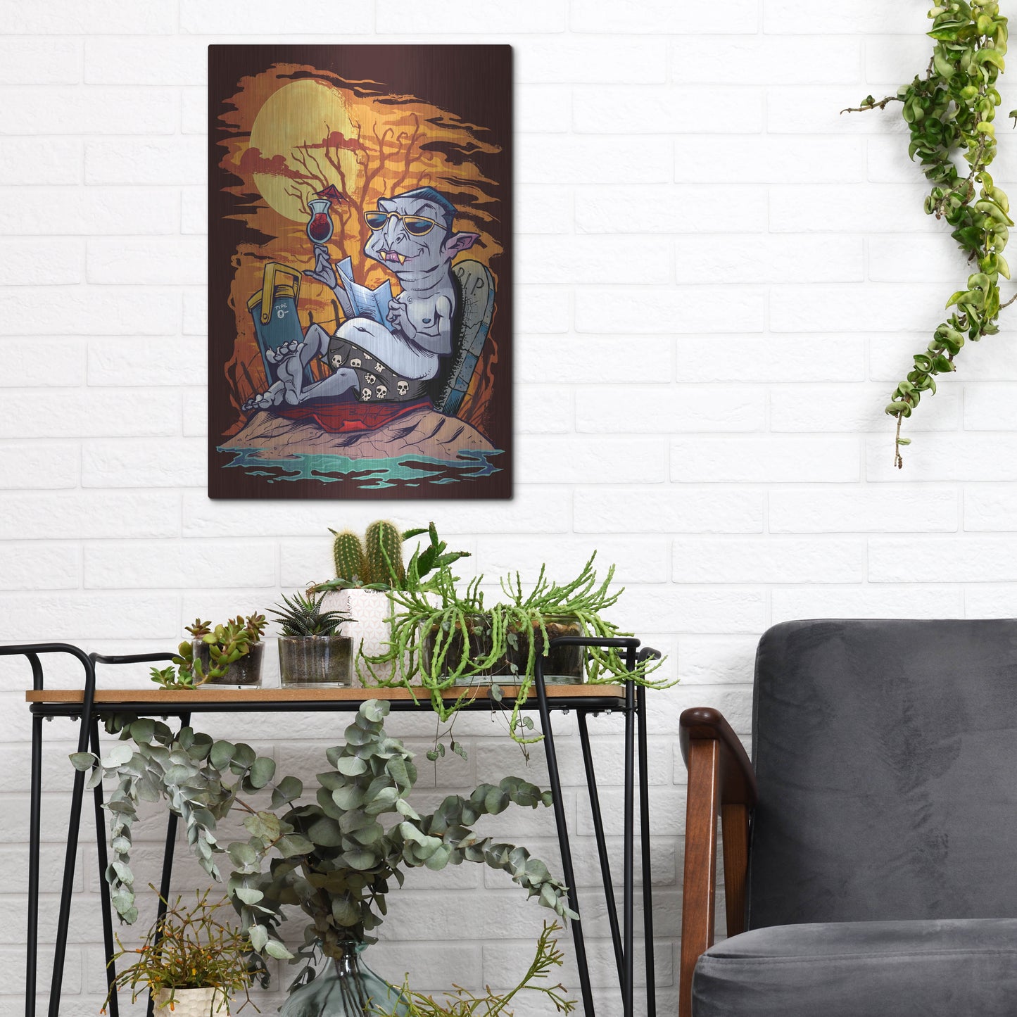 Luxe Metal Art 'Halloween At The Beach - Dracula' by Flyland Designs, Metal Wall Art,12x16