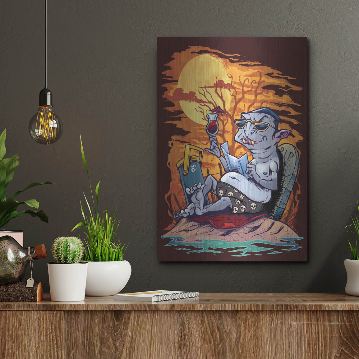 Luxe Metal Art 'Halloween At The Beach - Dracula' by Flyland Designs, Metal Wall Art,12x16