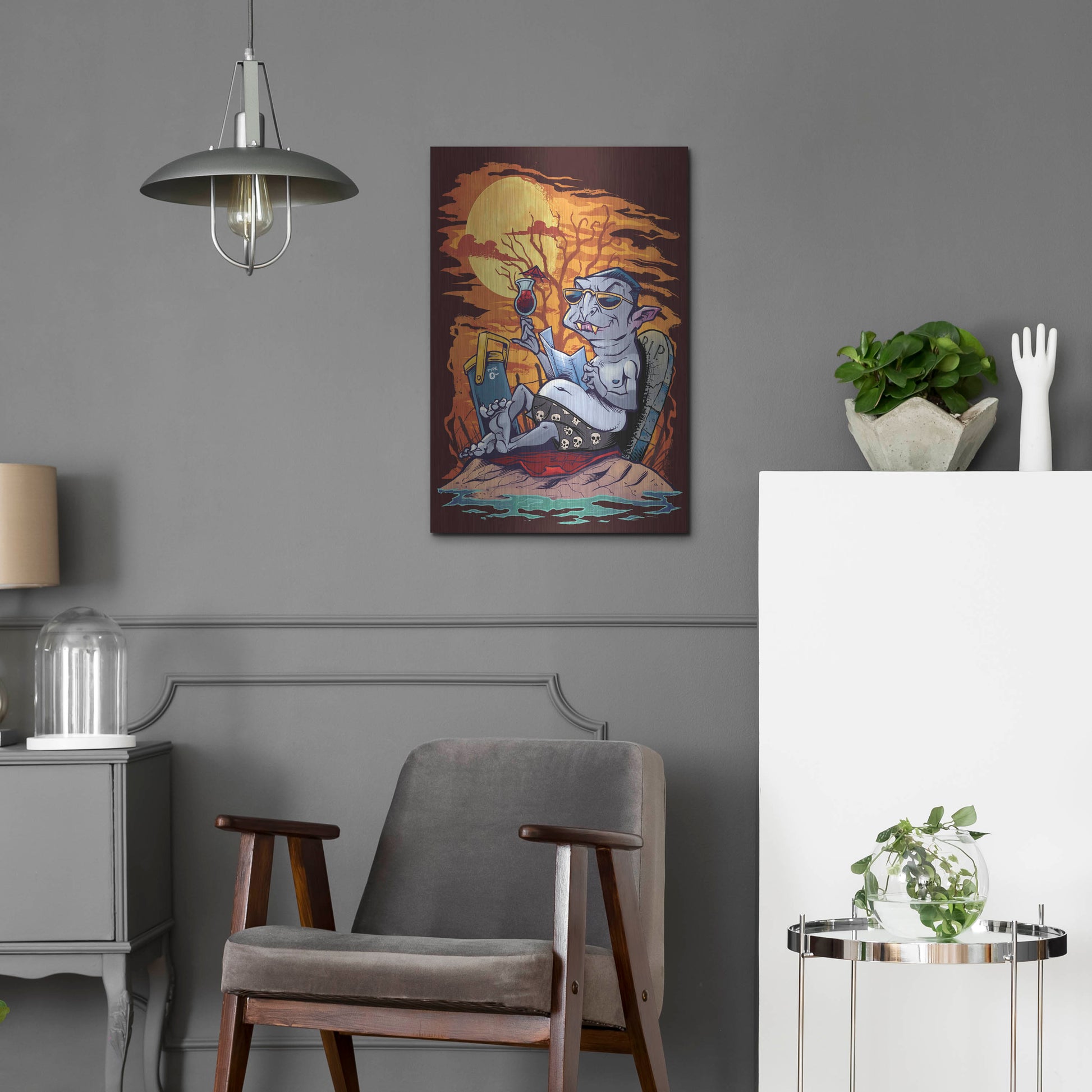 Luxe Metal Art 'Halloween At The Beach - Dracula' by Flyland Designs, Metal Wall Art,16x24