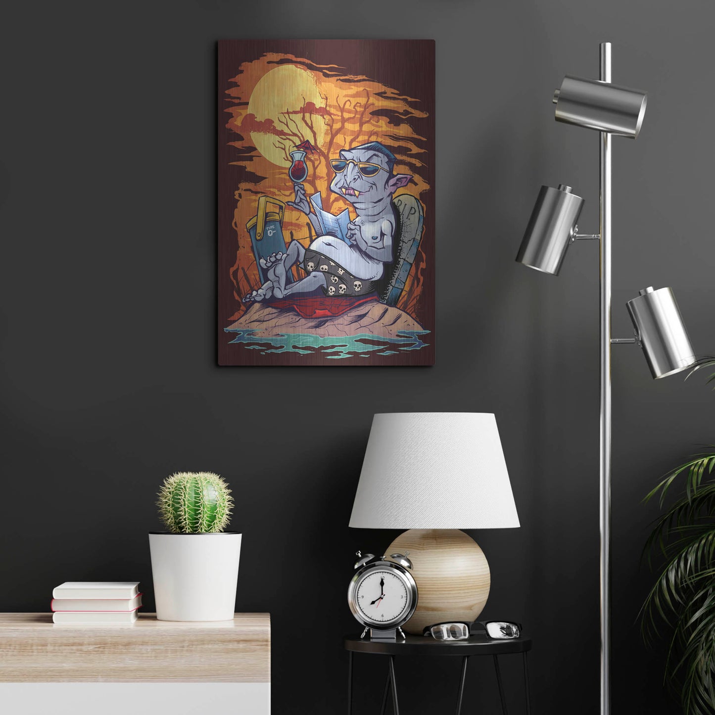 Luxe Metal Art 'Halloween At The Beach - Dracula' by Flyland Designs, Metal Wall Art,16x24