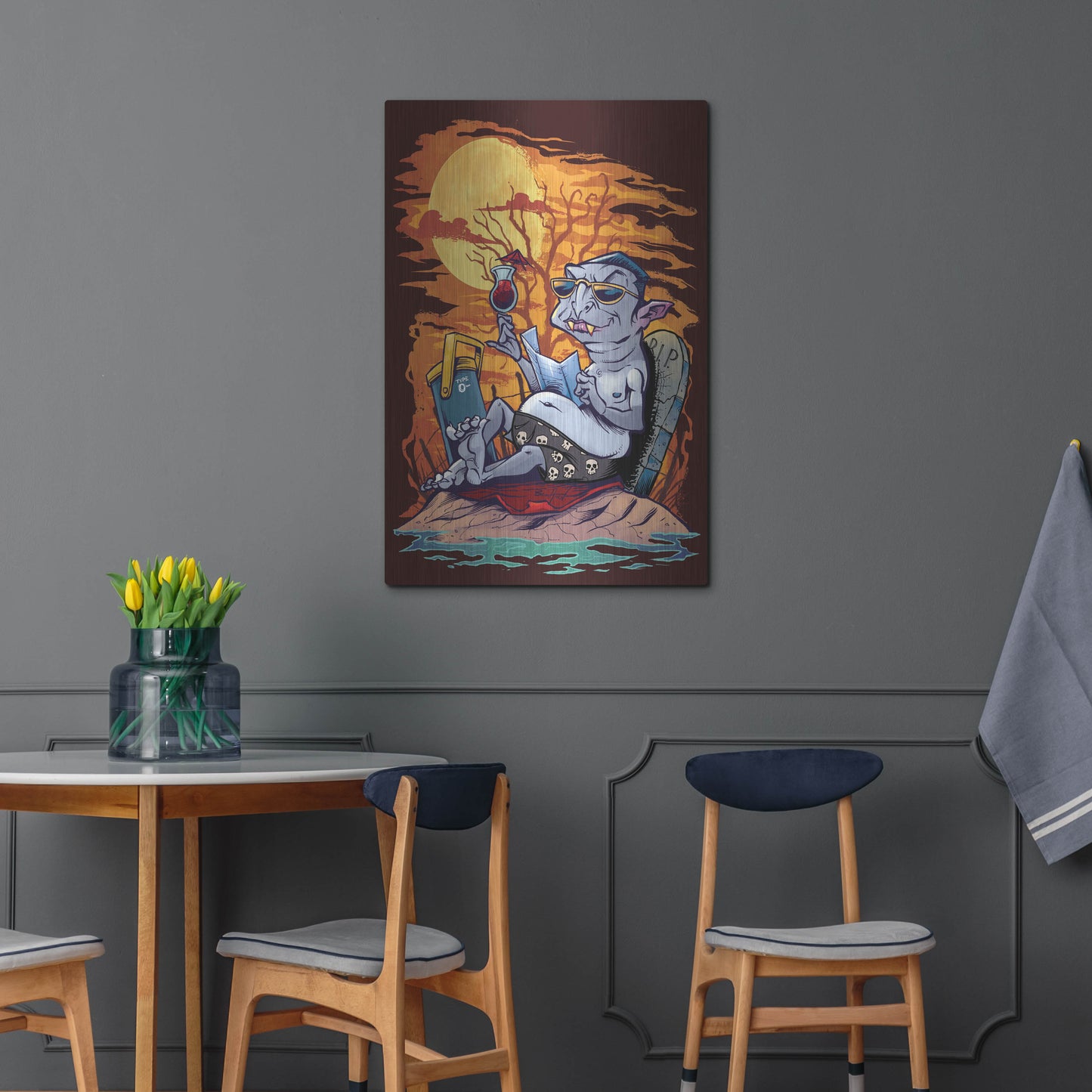 Luxe Metal Art 'Halloween At The Beach - Dracula' by Flyland Designs, Metal Wall Art,24x36