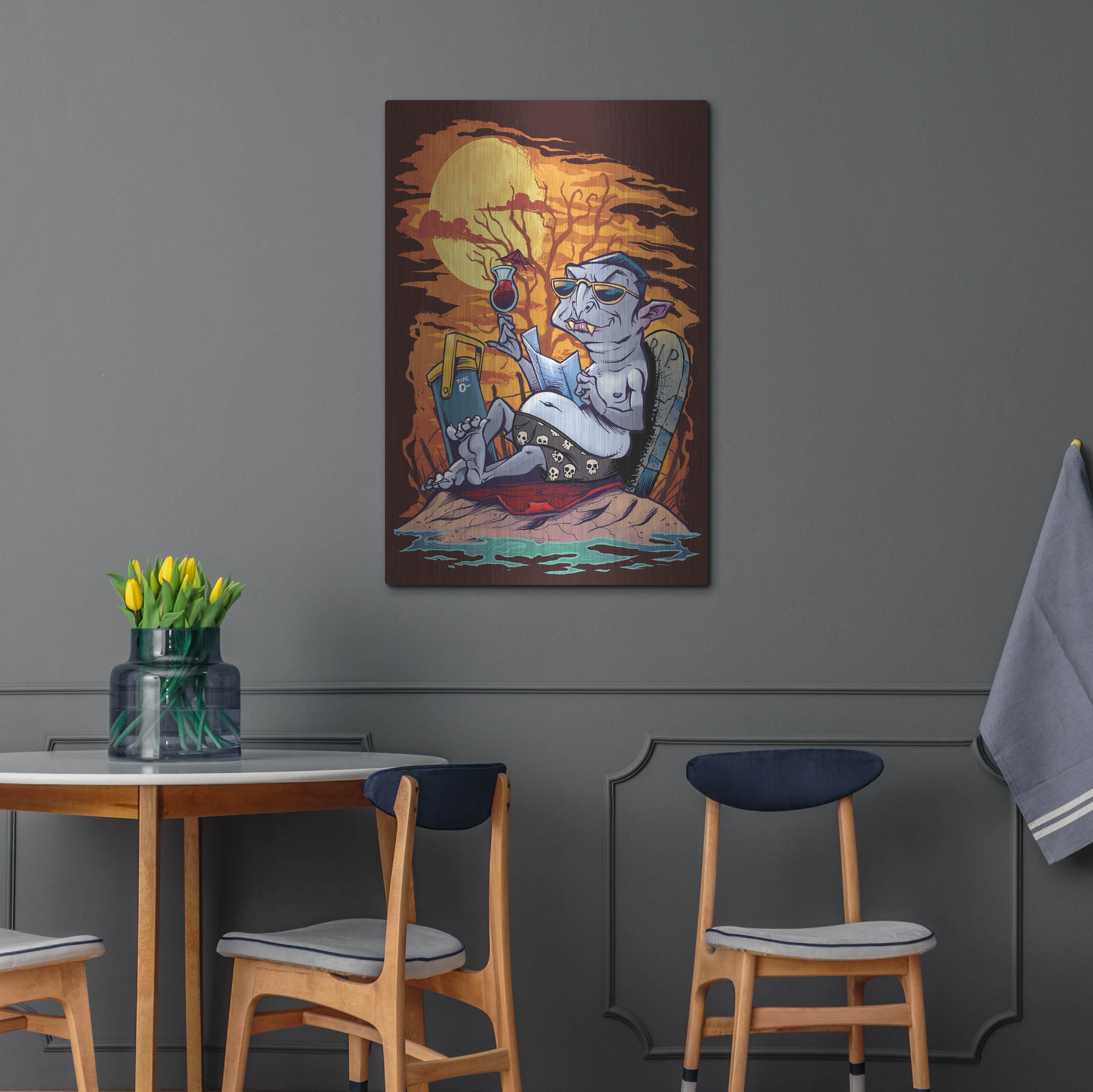 Luxe Metal Art 'Halloween At The Beach - Dracula' by Flyland Designs, Metal Wall Art,24x36