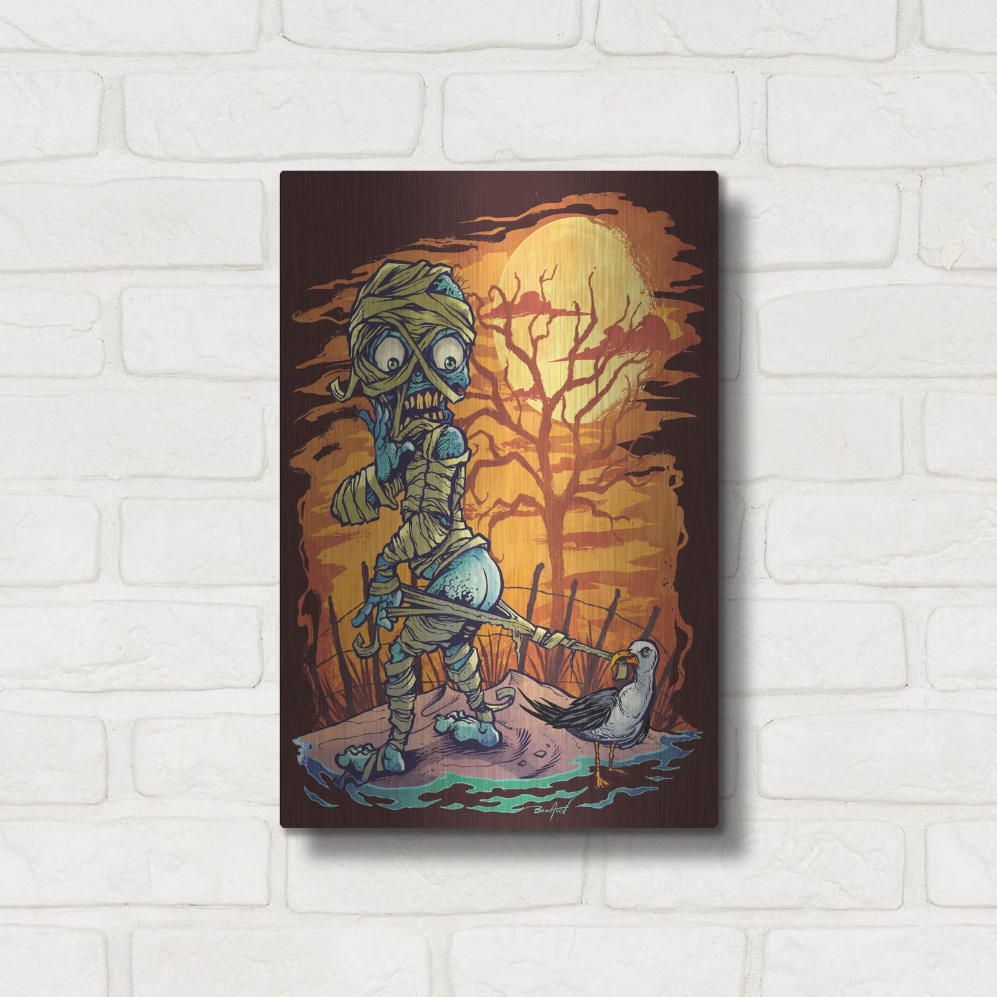 Luxe Metal Art 'Halloween At The Beach - Mummy' by Flyland Designs, Metal Wall Art,12x16