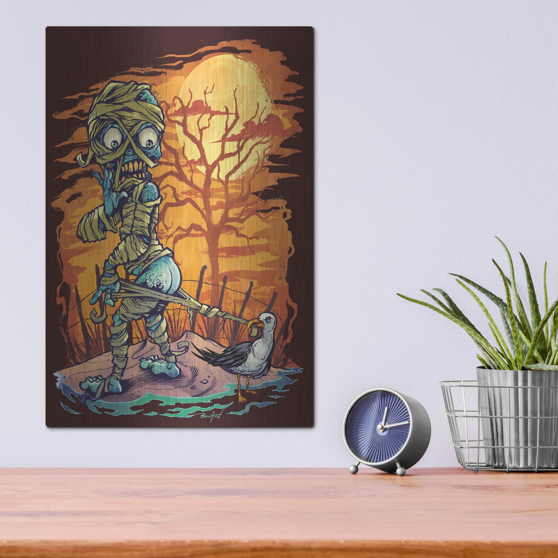 Luxe Metal Art 'Halloween At The Beach - Mummy' by Flyland Designs, Metal Wall Art,12x16