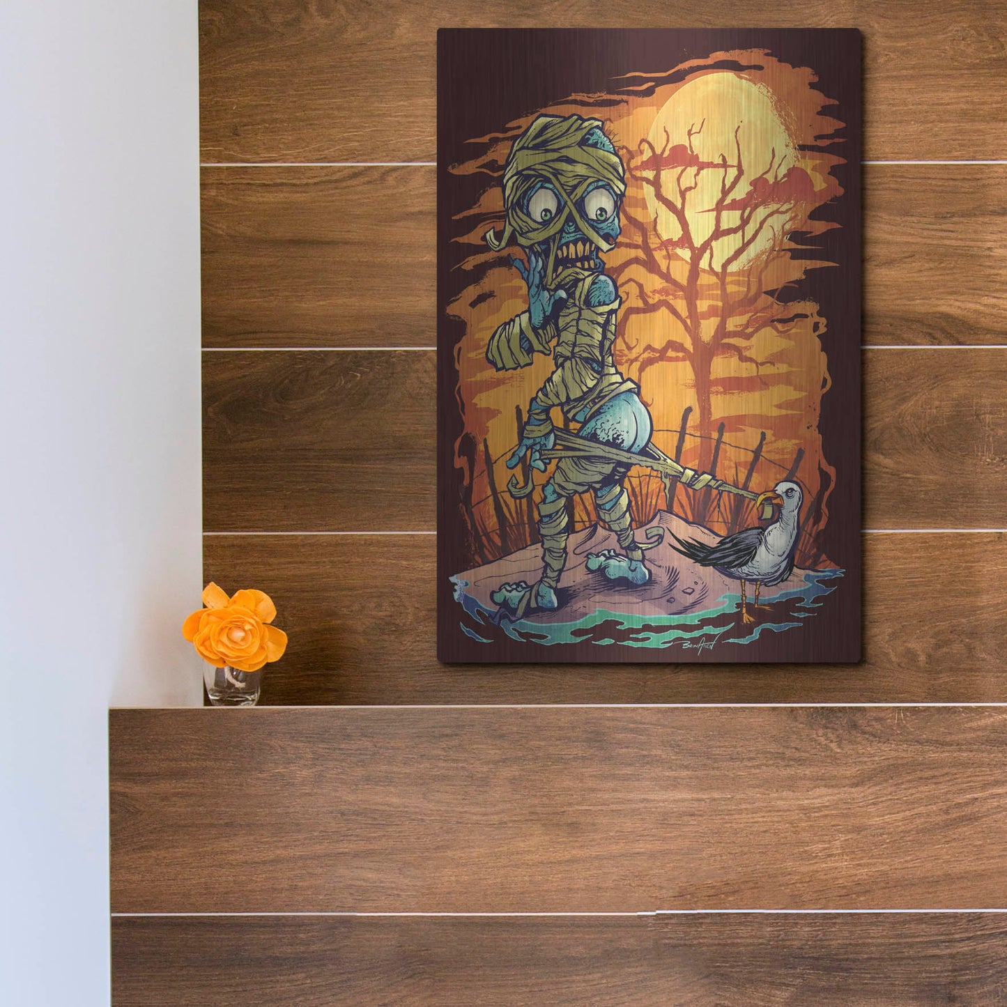 Luxe Metal Art 'Halloween At The Beach - Mummy' by Flyland Designs, Metal Wall Art,12x16