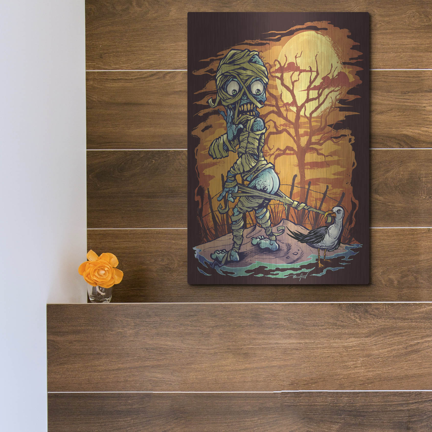 Luxe Metal Art 'Halloween At The Beach - Mummy' by Flyland Designs, Metal Wall Art,12x16