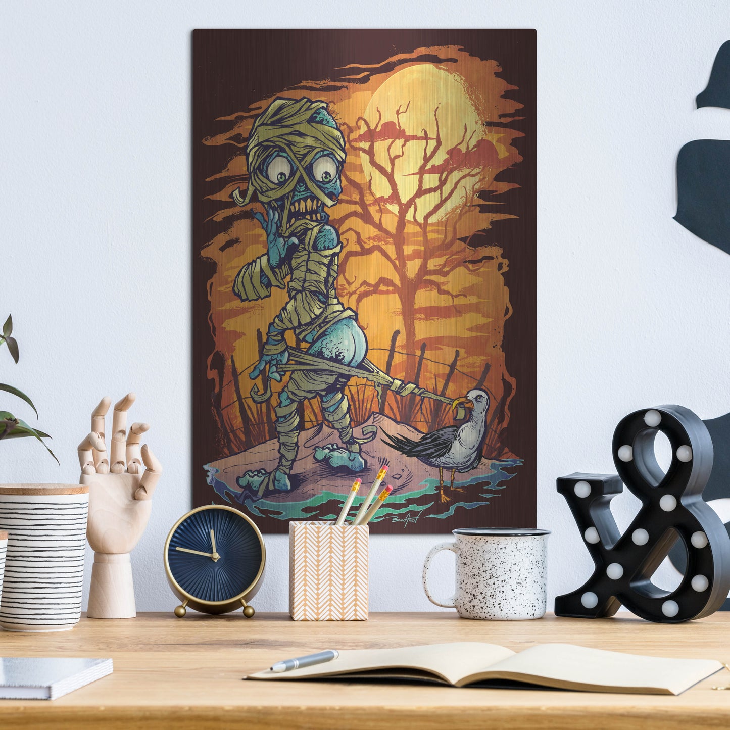 Luxe Metal Art 'Halloween At The Beach - Mummy' by Flyland Designs, Metal Wall Art,12x16
