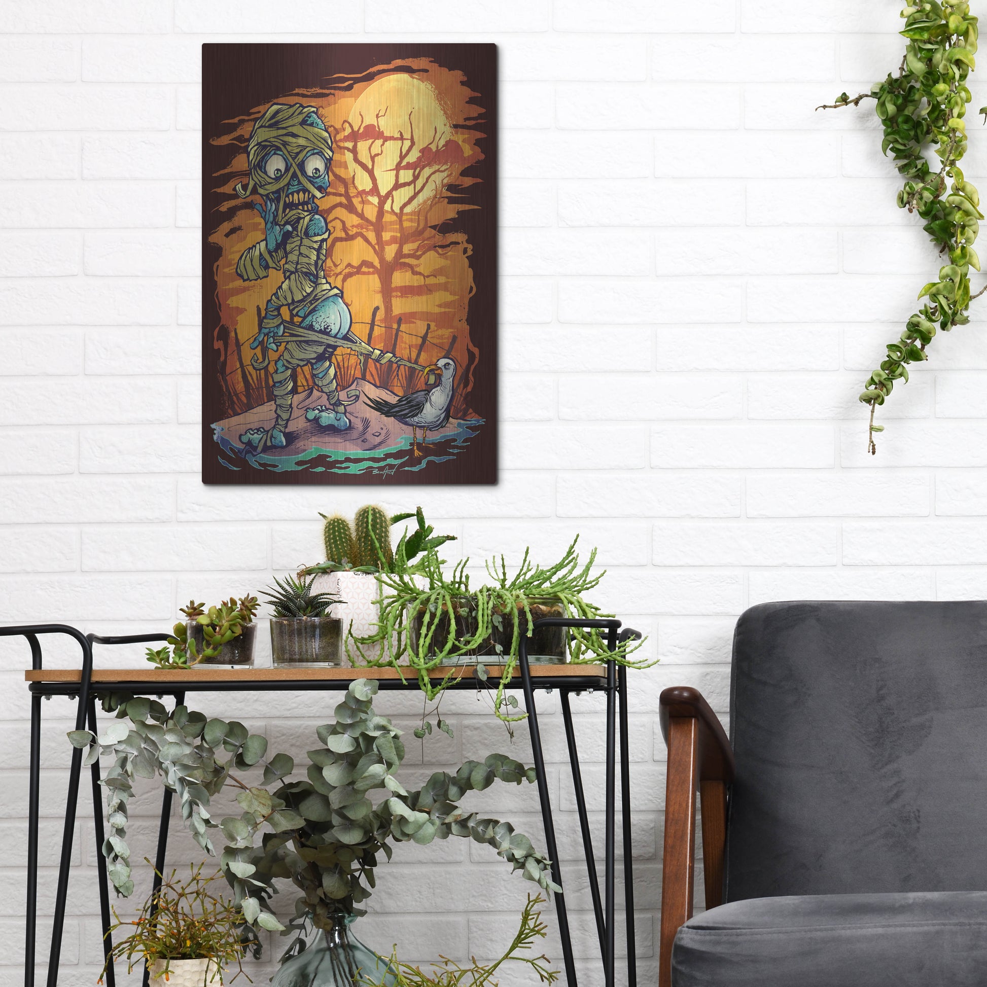 Luxe Metal Art 'Halloween At The Beach - Mummy' by Flyland Designs, Metal Wall Art,12x16