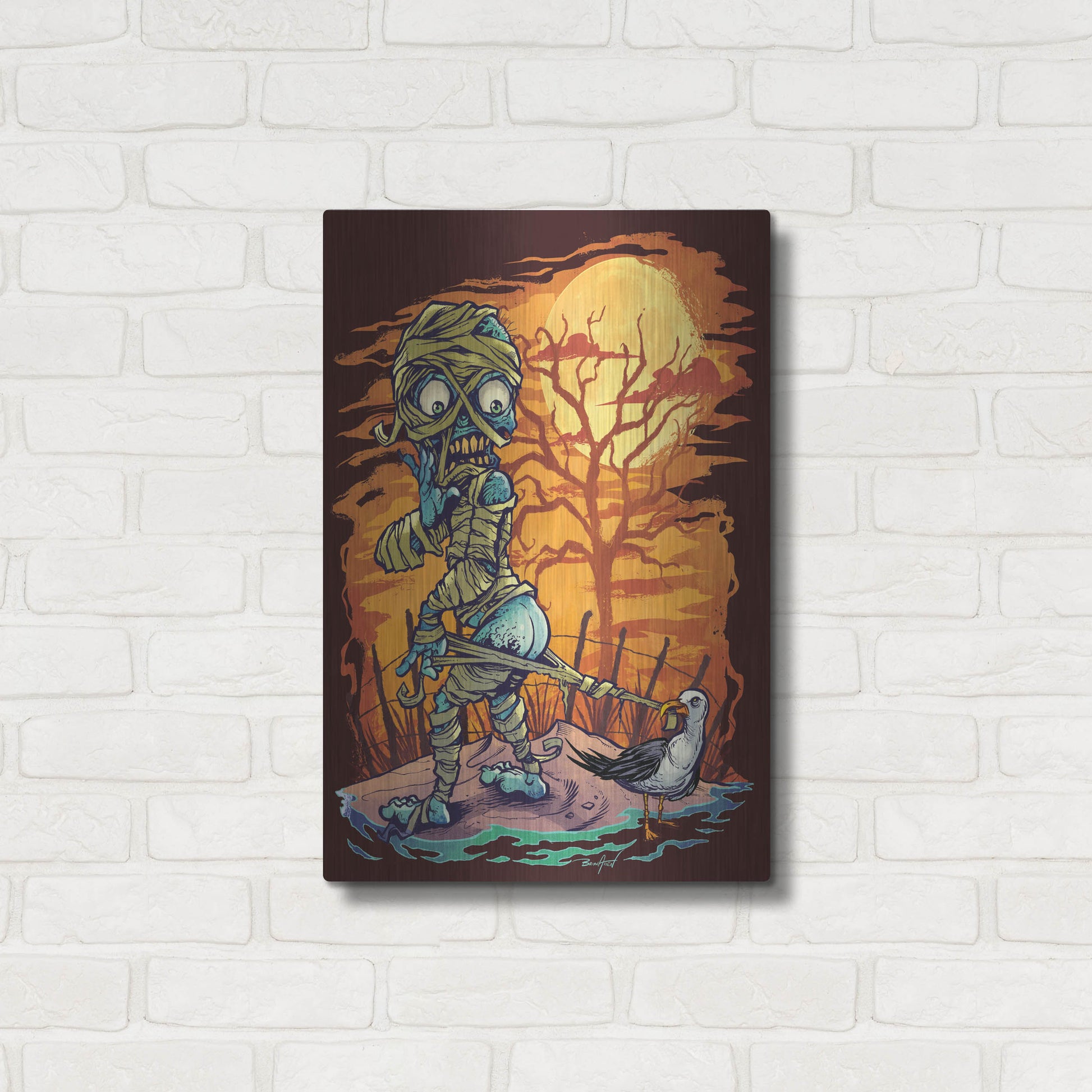 Luxe Metal Art 'Halloween At The Beach - Mummy' by Flyland Designs, Metal Wall Art,16x24