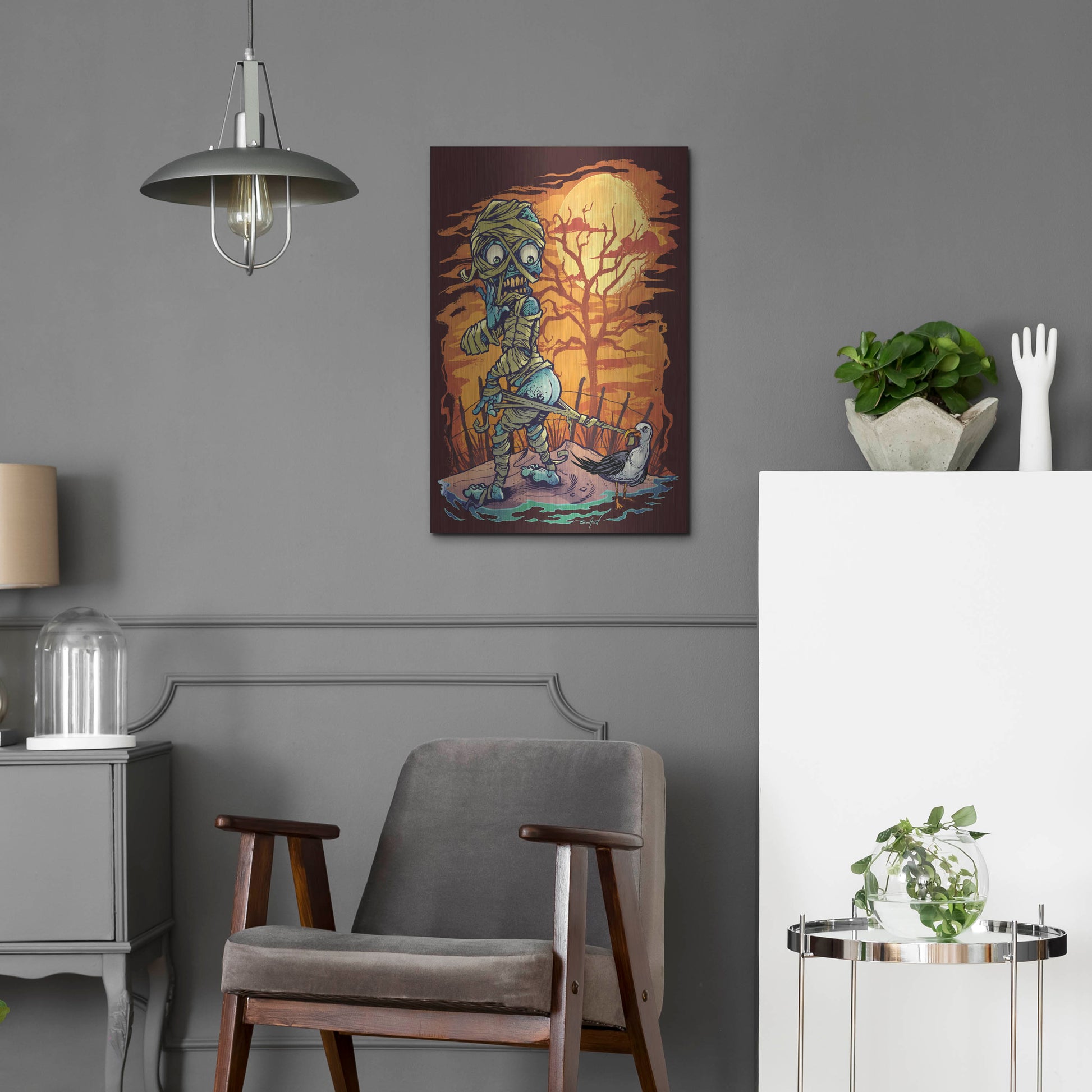 Luxe Metal Art 'Halloween At The Beach - Mummy' by Flyland Designs, Metal Wall Art,16x24