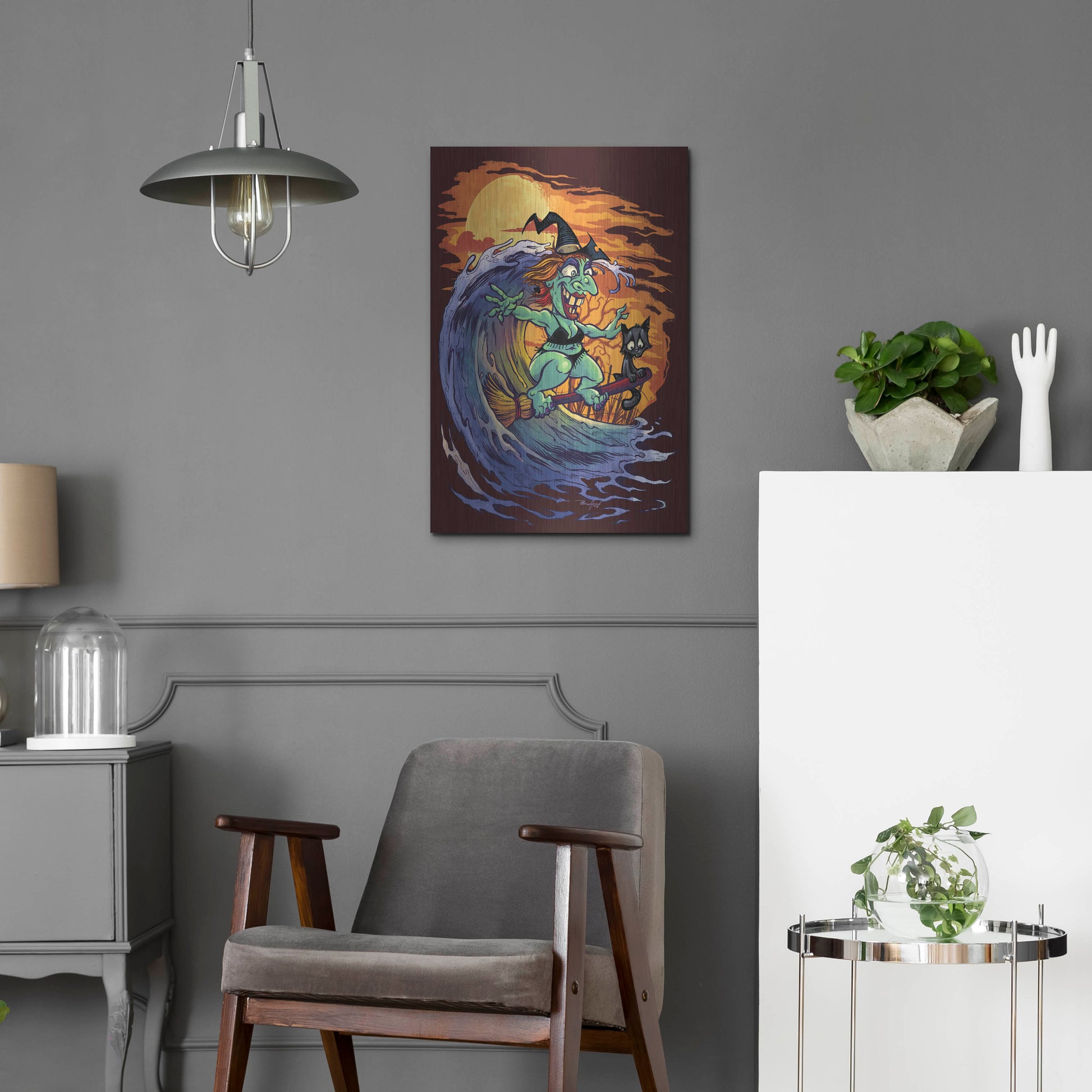 Luxe Metal Art 'Halloween At The Beach - Witch' by Flyland Designs, Metal Wall Art,16x24