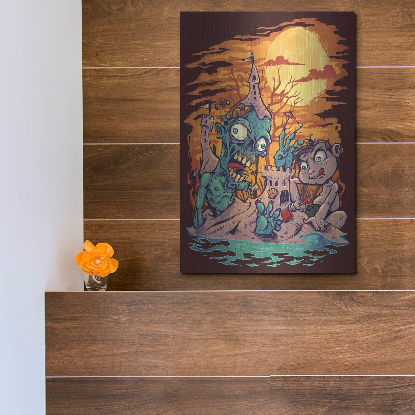 Luxe Metal Art 'Halloween At The Beach - Zombie' by Flyland Designs, Metal Wall Art,12x16