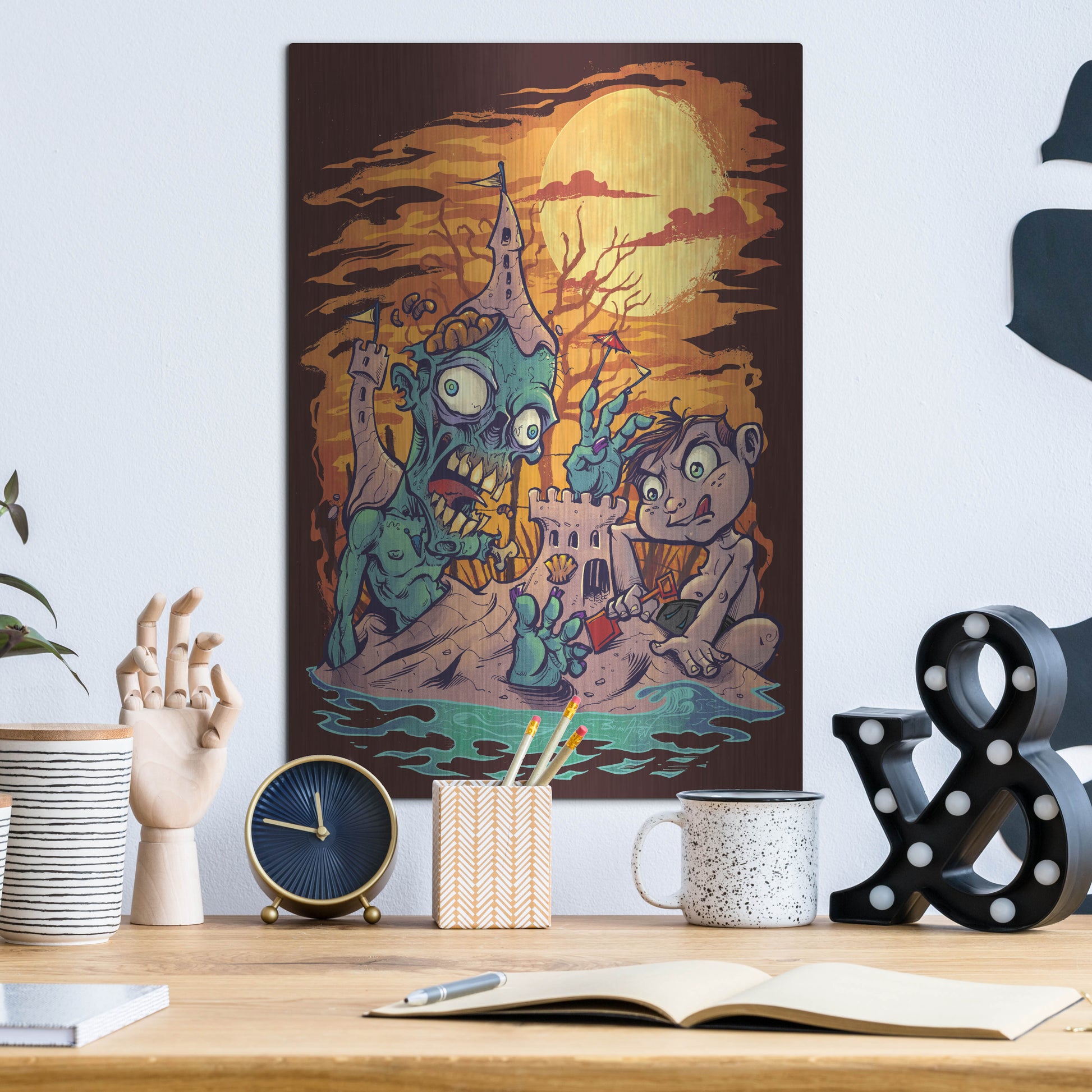 Luxe Metal Art 'Halloween At The Beach - Zombie' by Flyland Designs, Metal Wall Art,12x16